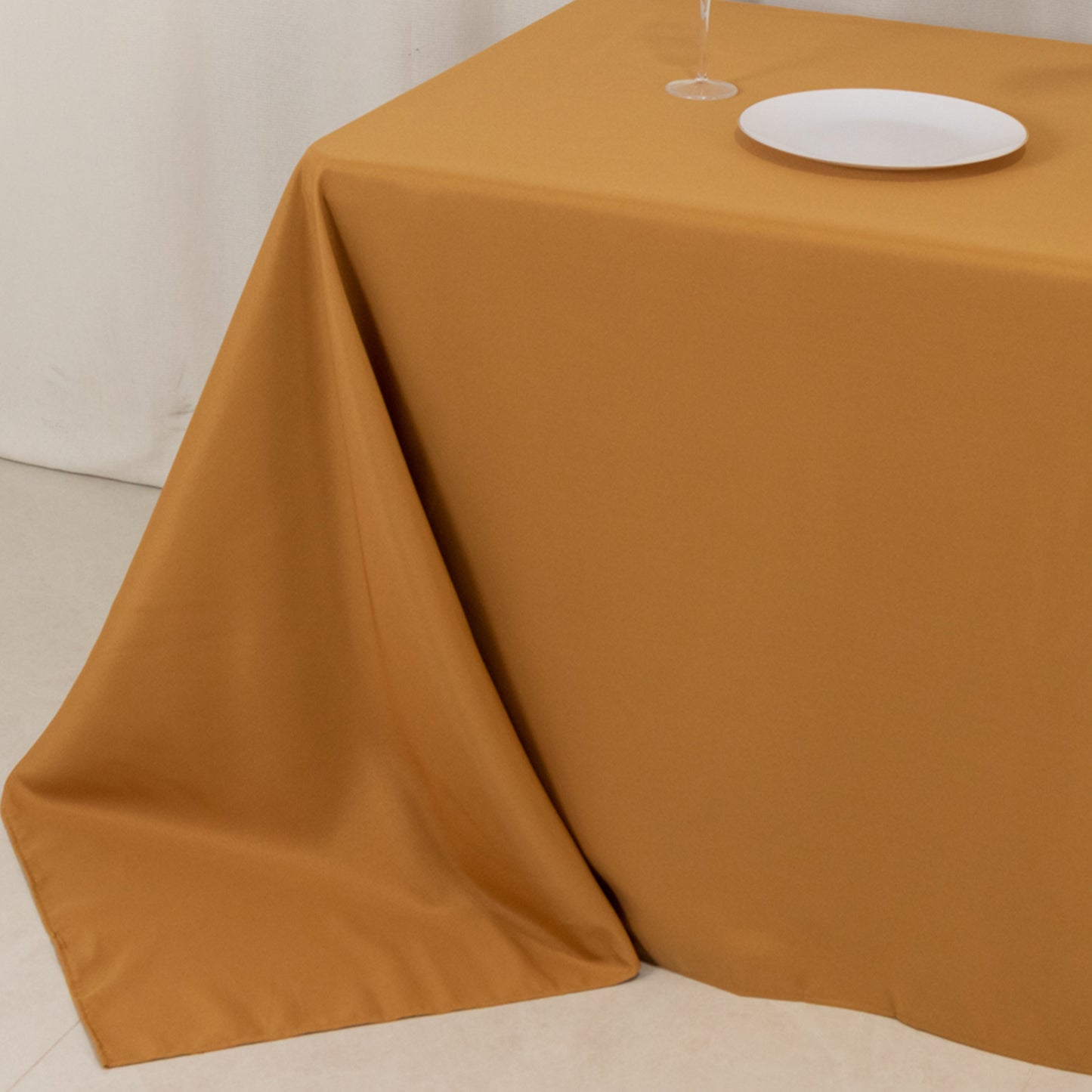 90"x132" Gold Seamless Premium Polyester Rectangular Tablecloth - 220GSM for 6 Foot Table With Floor-Length Drop