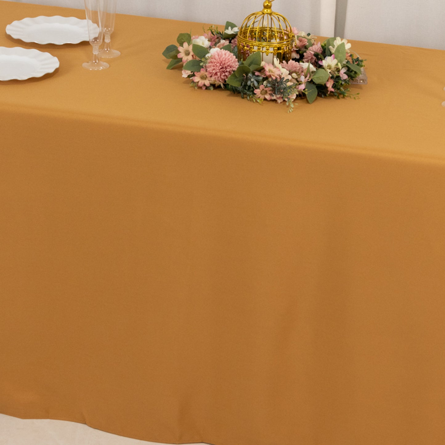 90"x132" Gold Seamless Premium Polyester Rectangular Tablecloth - 220GSM for 6 Foot Table With Floor-Length Drop