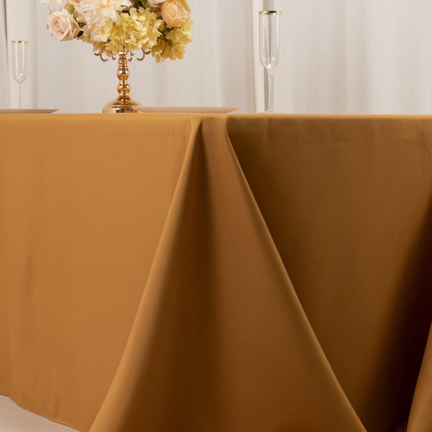 90"x132" Gold Seamless Premium Polyester Rectangular Tablecloth - 220GSM for 6 Foot Table With Floor-Length Drop