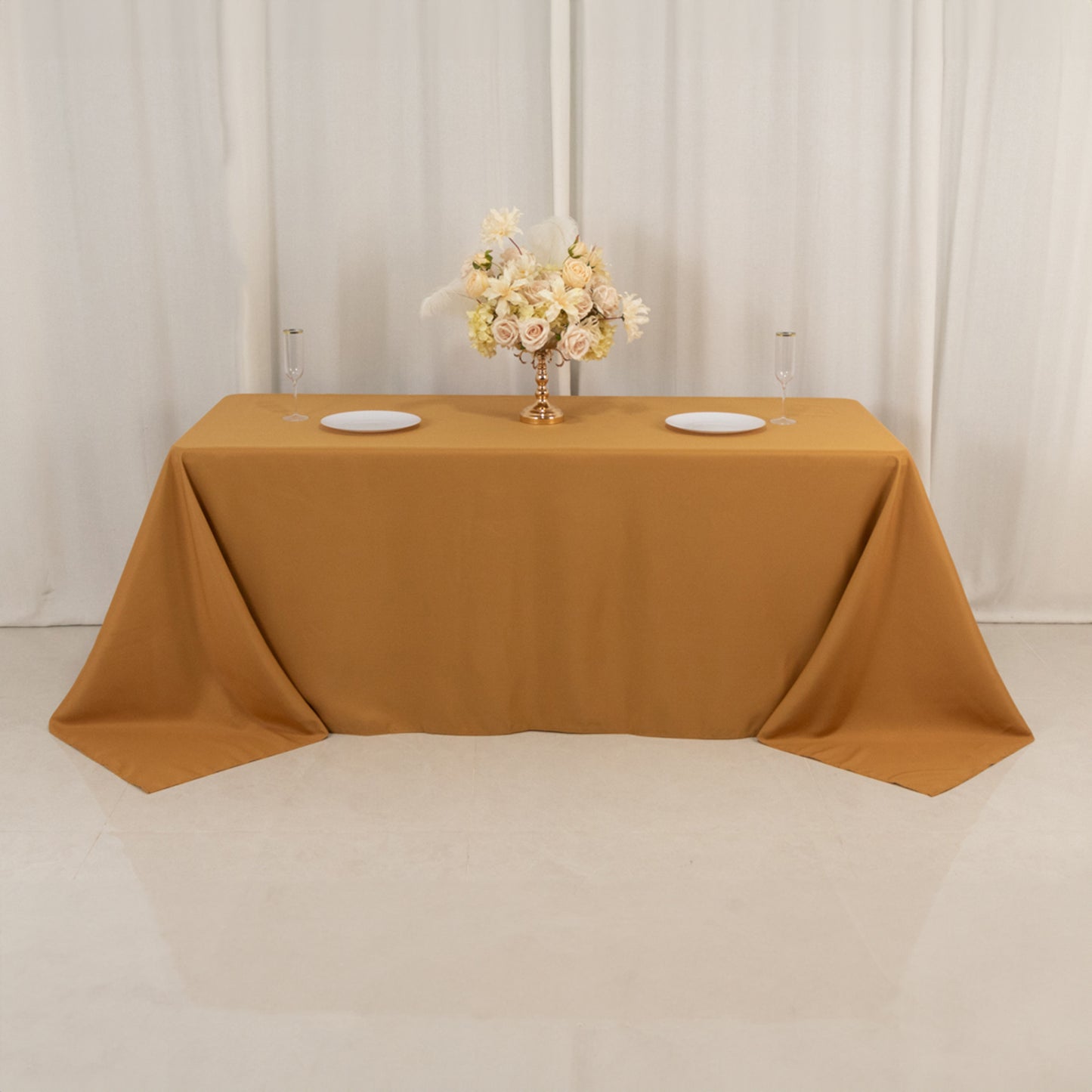 90"x132" Gold Seamless Premium Polyester Rectangular Tablecloth - 220GSM for 6 Foot Table With Floor-Length Drop