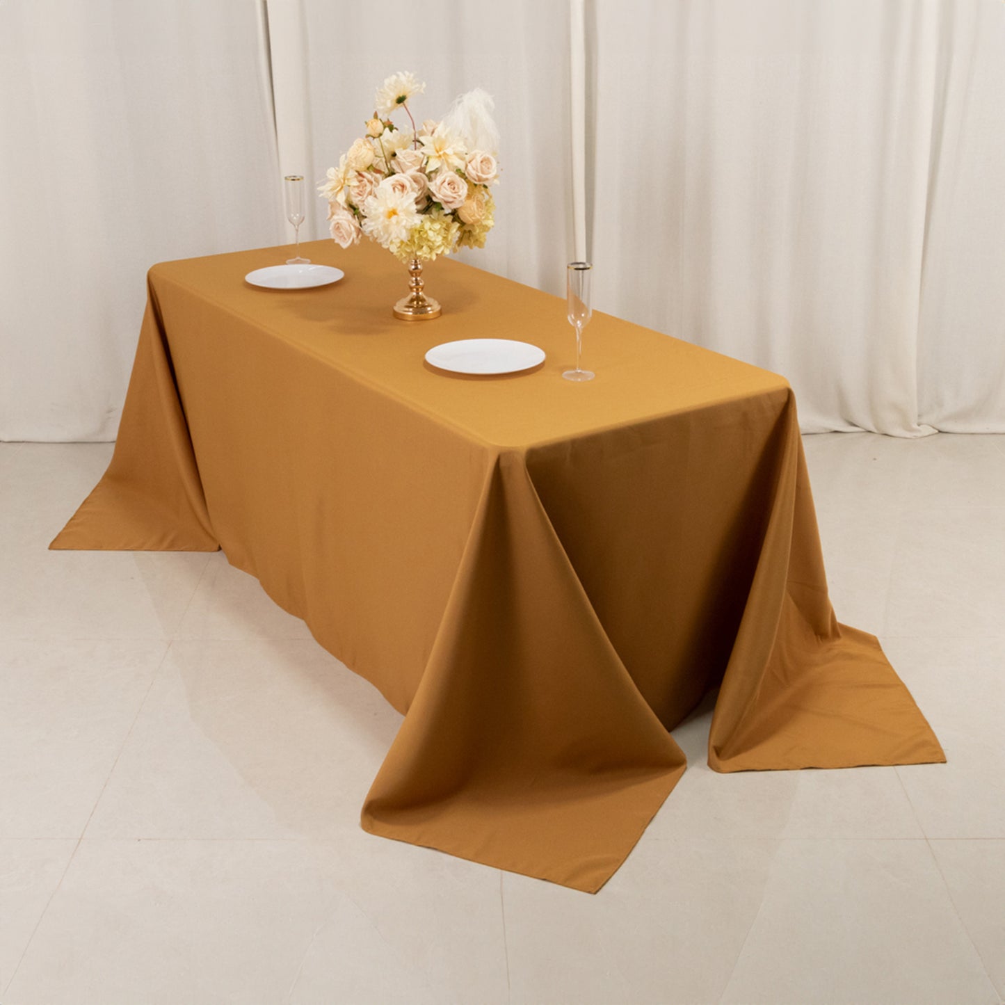 90"x132" Gold Seamless Premium Polyester Rectangular Tablecloth - 220GSM for 6 Foot Table With Floor-Length Drop