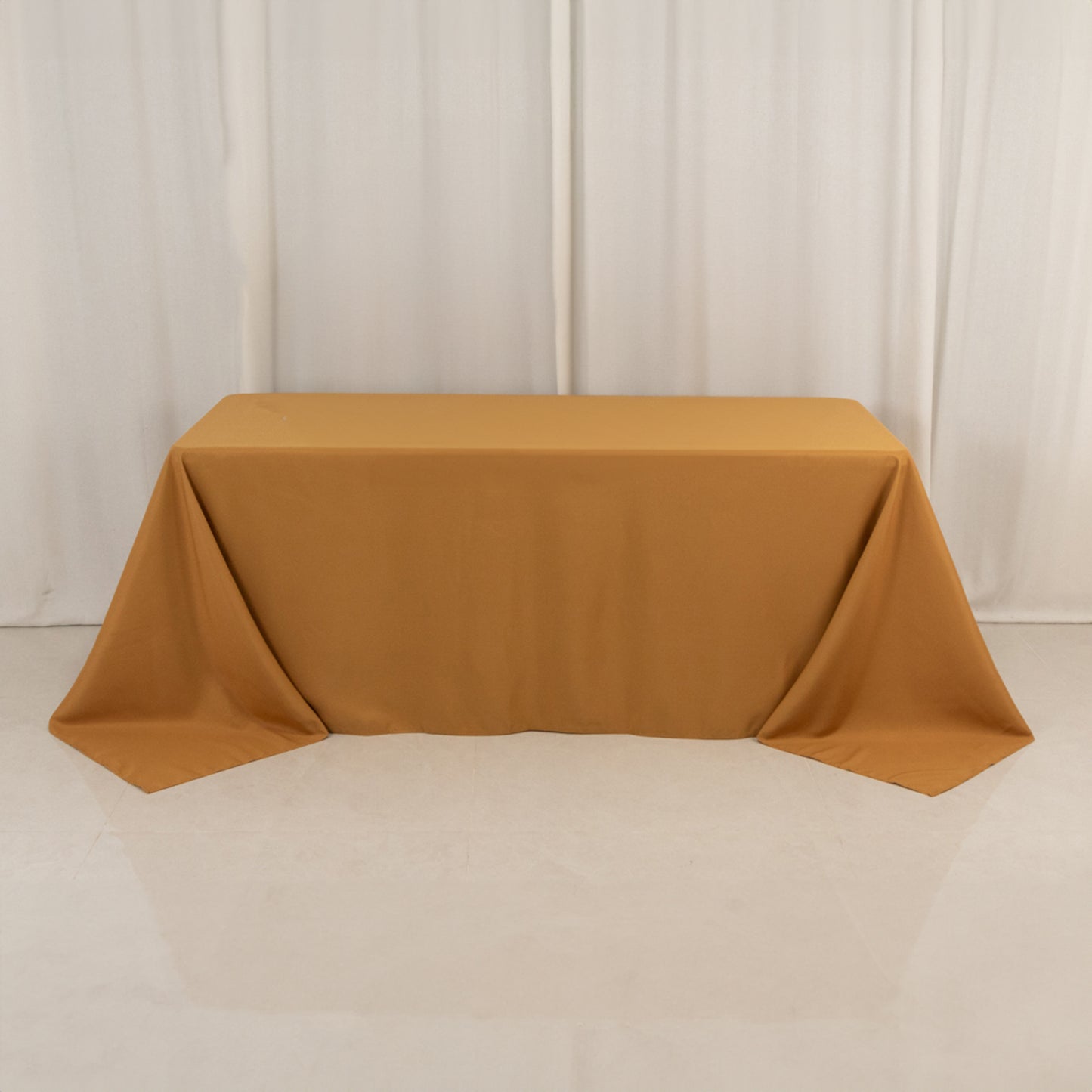 90"x132" Gold Seamless Premium Polyester Rectangular Tablecloth - 220GSM for 6 Foot Table With Floor-Length Drop