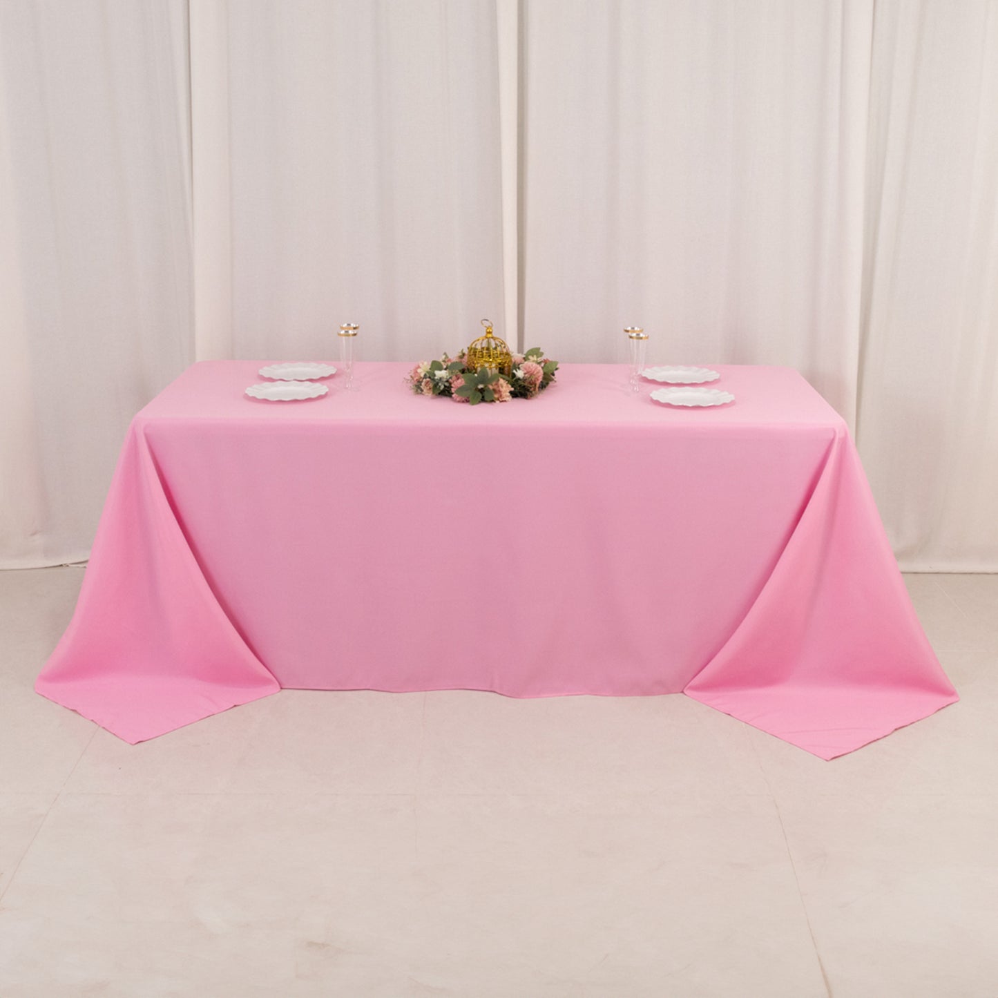 90"x132" Pink Seamless Premium Polyester Rectangular Tablecloth - 220GSM for 6 Foot Table With Floor-Length Drop