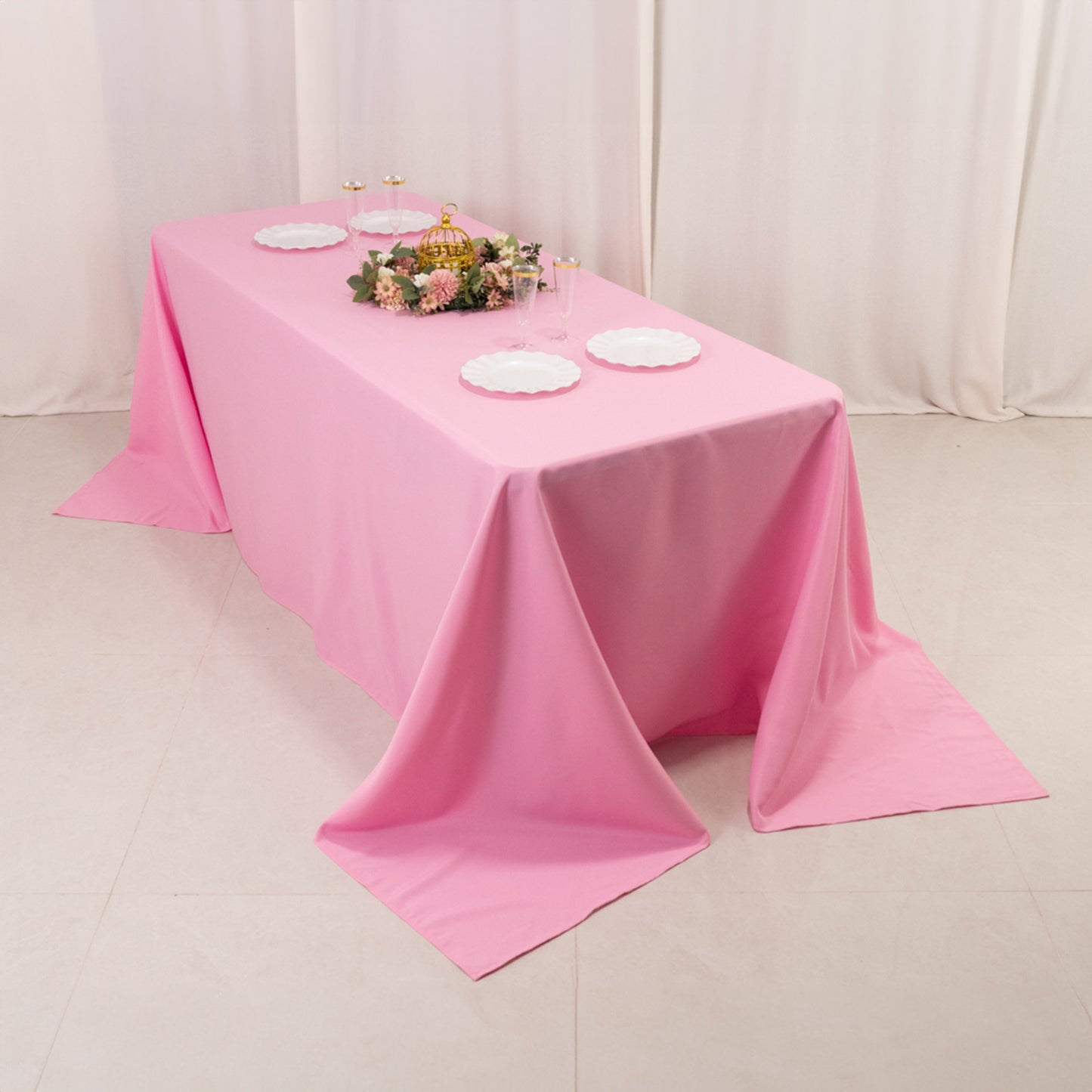 90"x132" Pink Seamless Premium Polyester Rectangular Tablecloth - 220GSM for 6 Foot Table With Floor-Length Drop