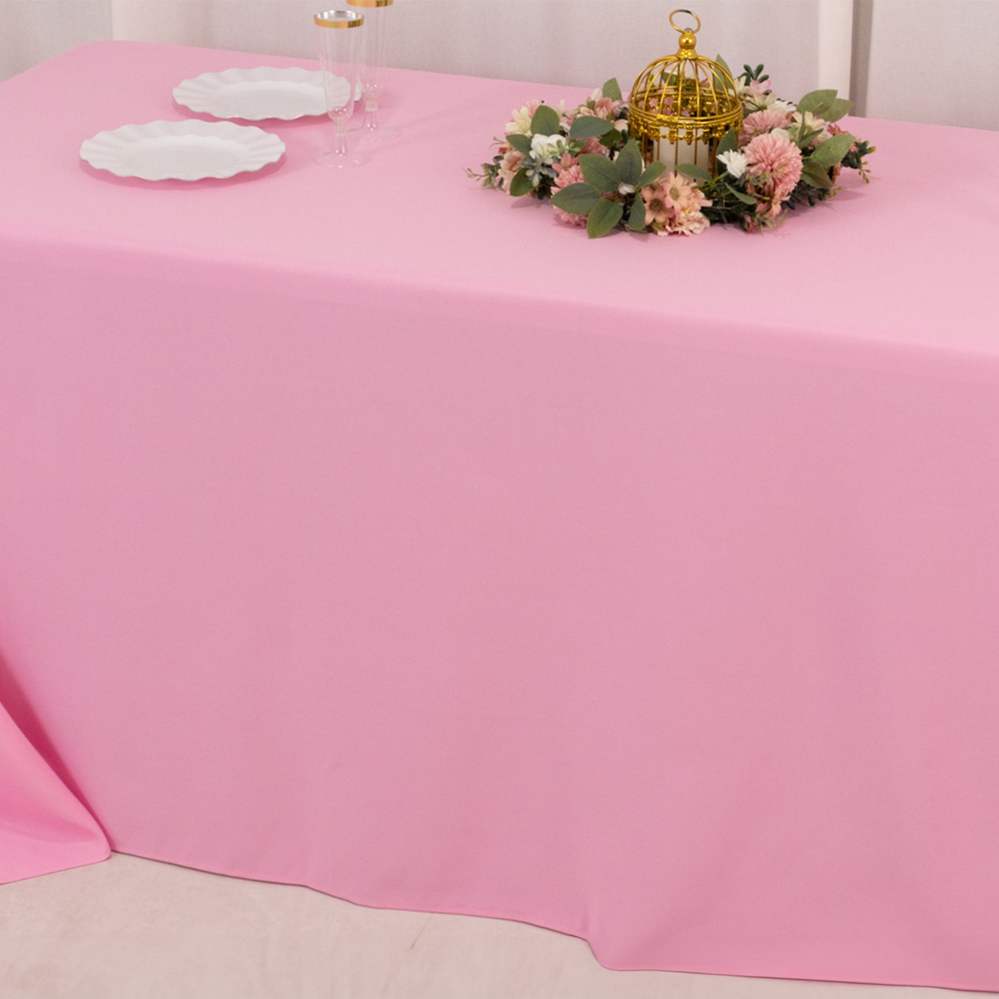 90"x132" Pink Seamless Premium Polyester Rectangular Tablecloth - 220GSM for 6 Foot Table With Floor-Length Drop