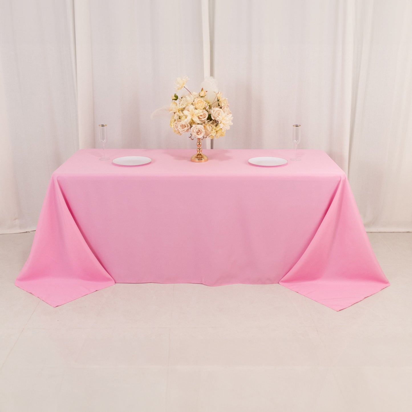 90"x132" Pink Seamless Premium Polyester Rectangular Tablecloth - 220GSM for 6 Foot Table With Floor-Length Drop