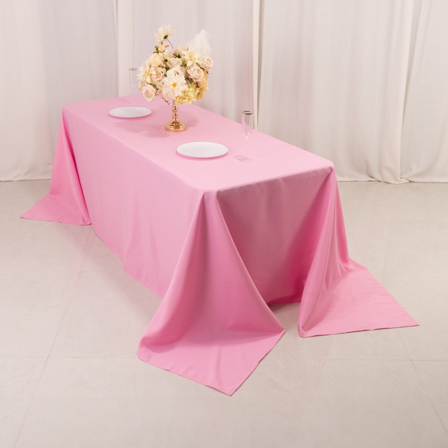 90"x132" Pink Seamless Premium Polyester Rectangular Tablecloth - 220GSM for 6 Foot Table With Floor-Length Drop