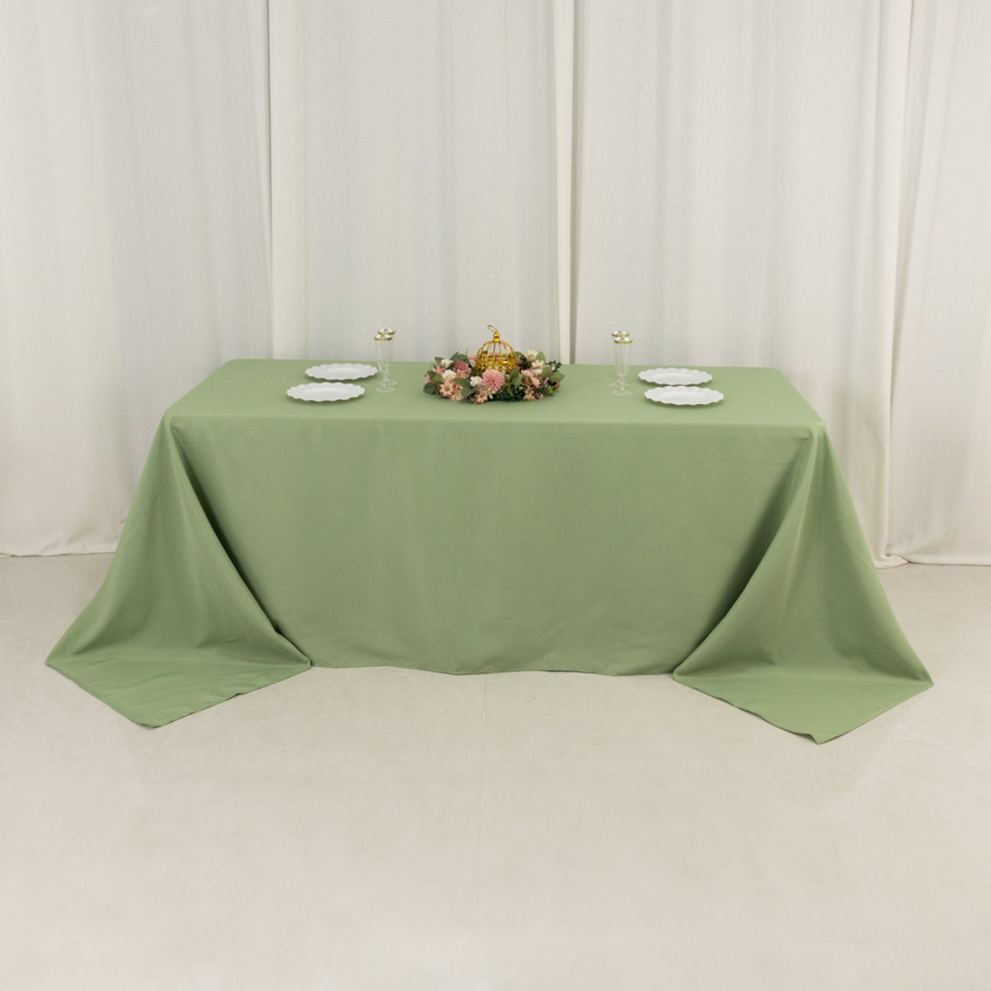 90"x132" Sage Green Seamless Premium Polyester Rectangular Tablecloth - 220GSM for 6 Foot Table With Floor-Length Drop