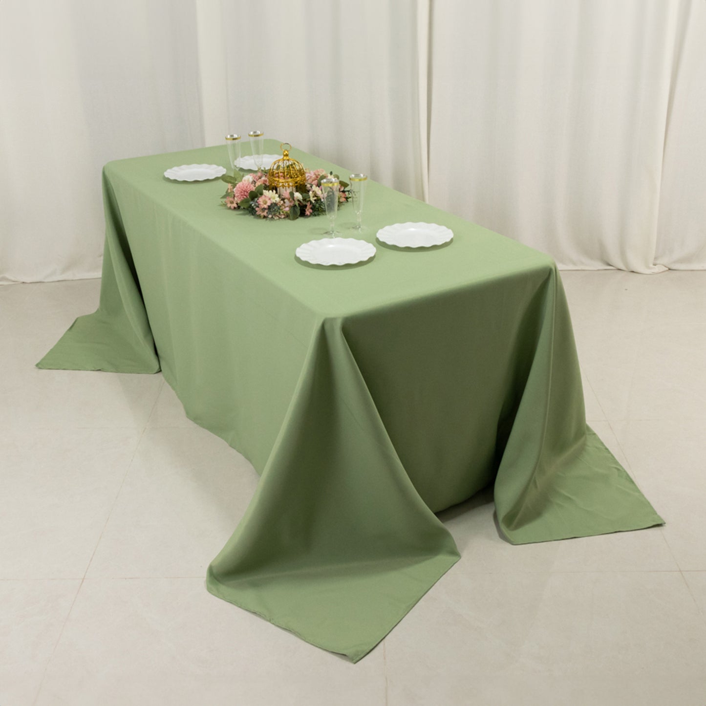 90"x132" Sage Green Seamless Premium Polyester Rectangular Tablecloth - 220GSM for 6 Foot Table With Floor-Length Drop