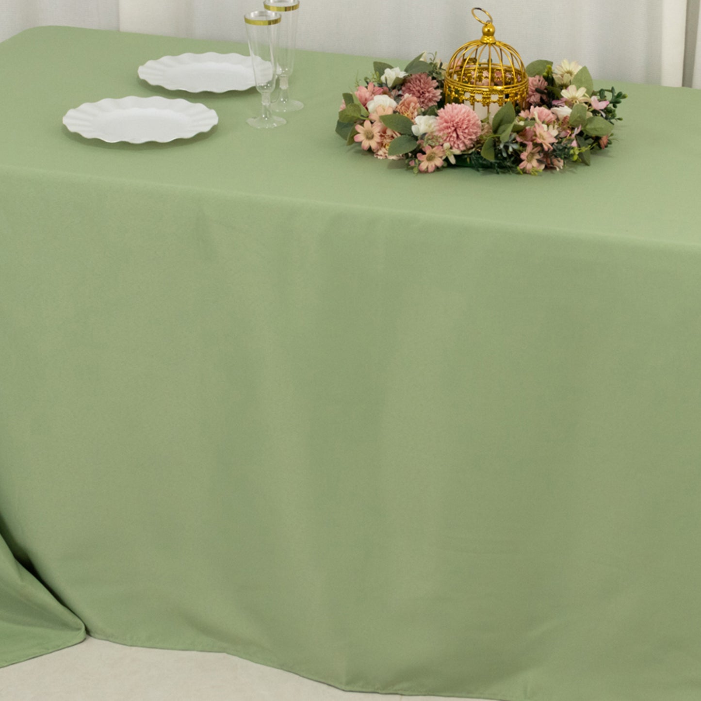 90"x132" Sage Green Seamless Premium Polyester Rectangular Tablecloth - 220GSM for 6 Foot Table With Floor-Length Drop