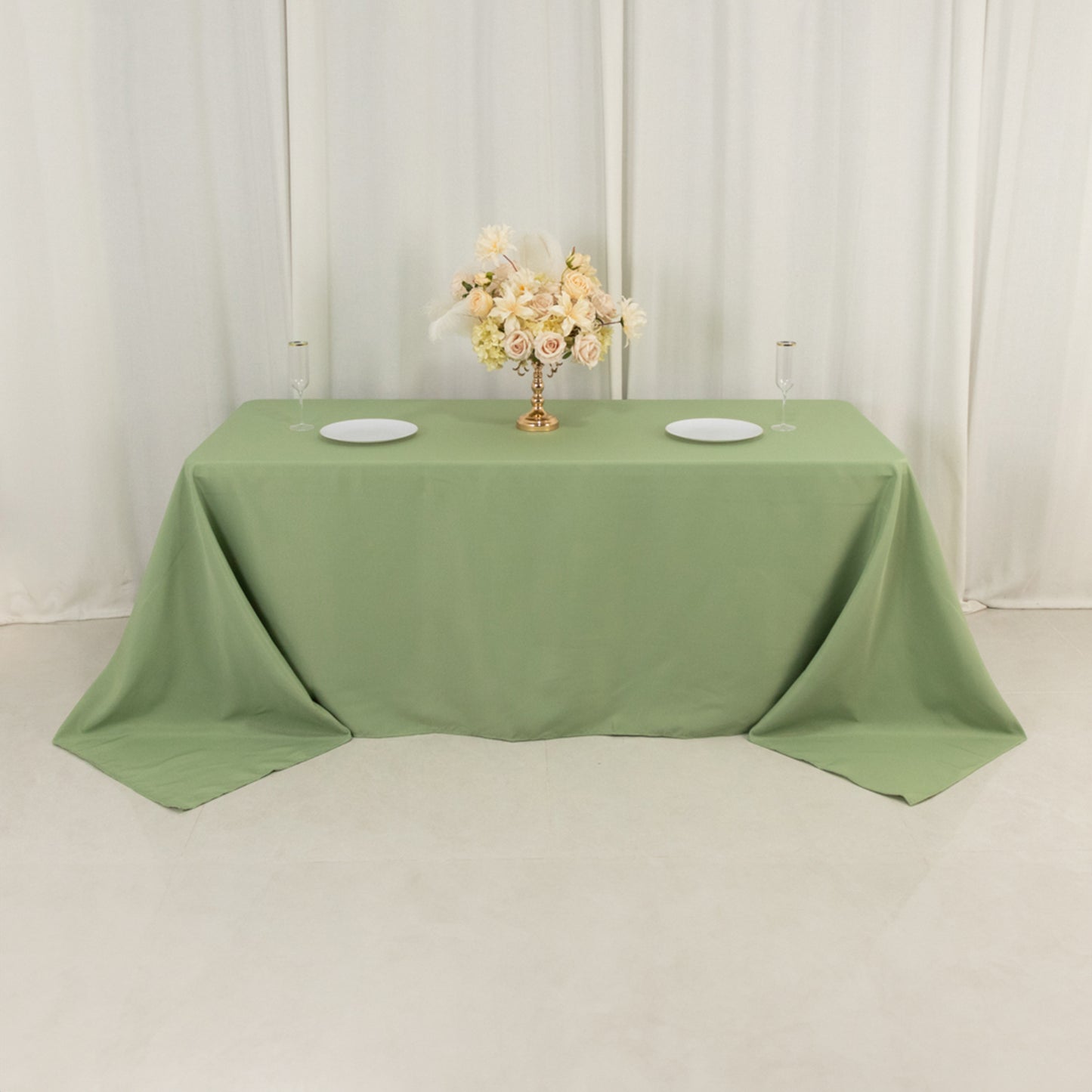 90"x132" Sage Green Seamless Premium Polyester Rectangular Tablecloth - 220GSM for 6 Foot Table With Floor-Length Drop