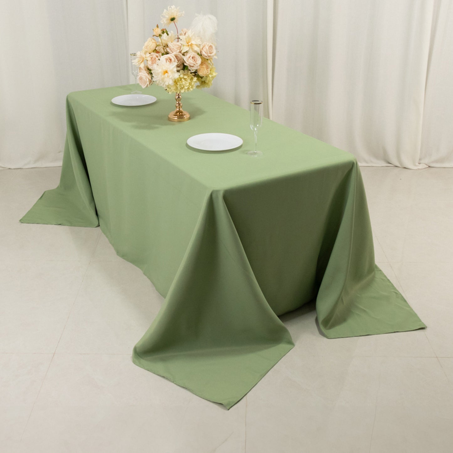 90"x132" Sage Green Seamless Premium Polyester Rectangular Tablecloth - 220GSM for 6 Foot Table With Floor-Length Drop