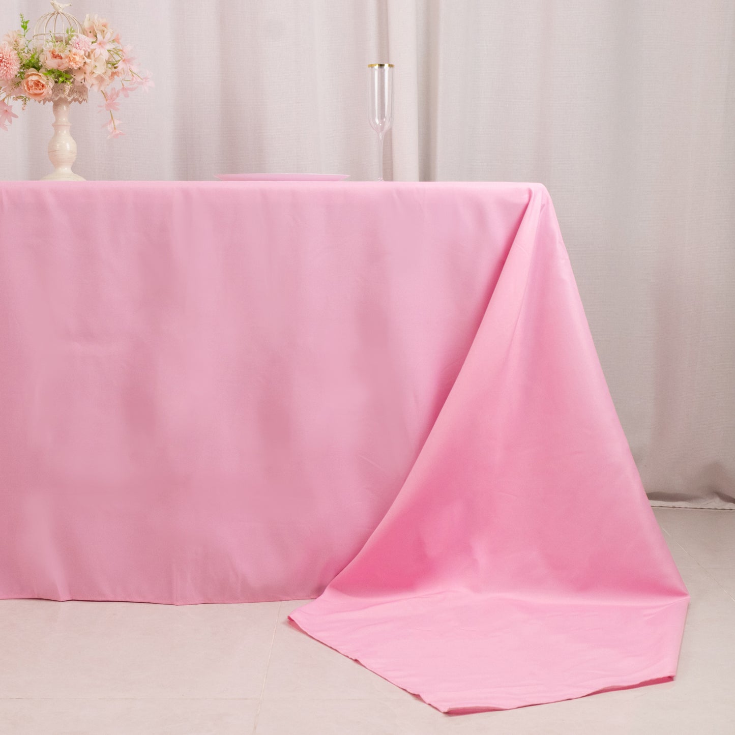 90"x156" Pink Seamless Premium Polyester Rectangular Tablecloth - 220GSM for 8 Foot Table With Floor-Length Drop