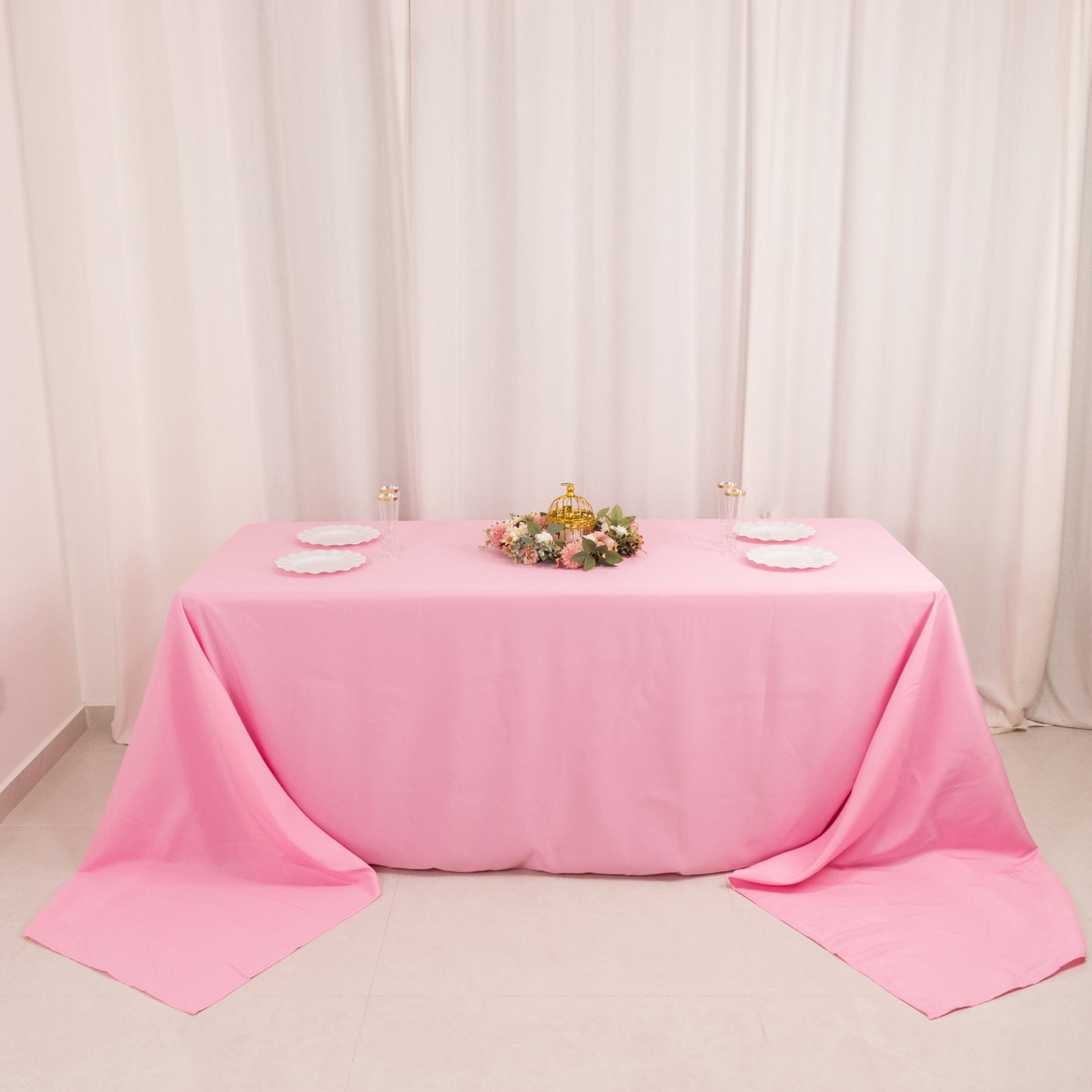 90"x156" Pink Seamless Premium Polyester Rectangular Tablecloth - 220GSM for 8 Foot Table With Floor-Length Drop