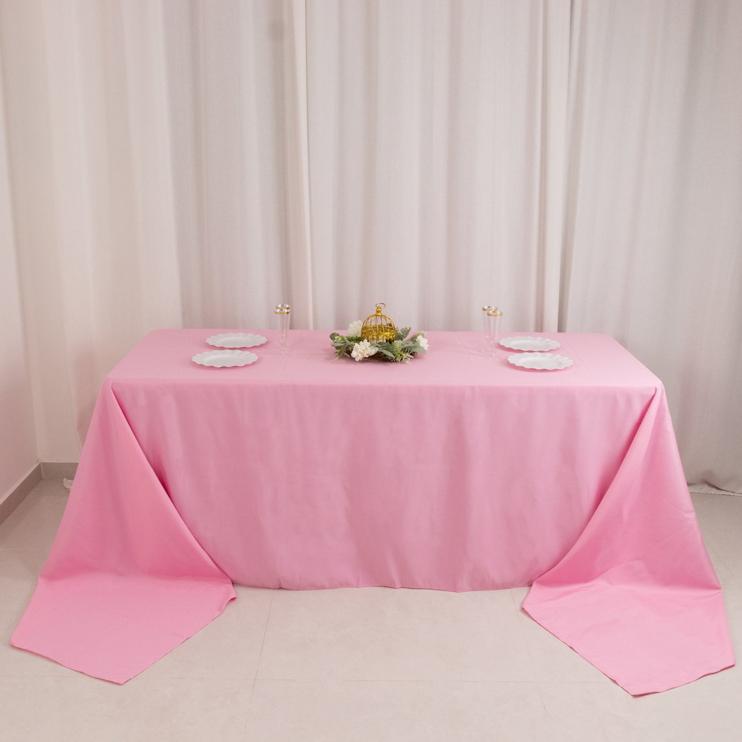 90"x156" Pink Seamless Premium Polyester Rectangular Tablecloth - 220GSM for 8 Foot Table With Floor-Length Drop