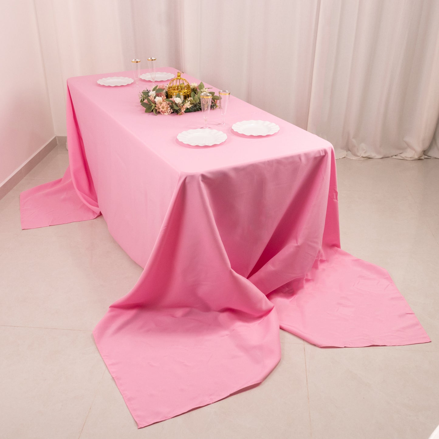 90"x156" Pink Seamless Premium Polyester Rectangular Tablecloth - 220GSM for 8 Foot Table With Floor-Length Drop