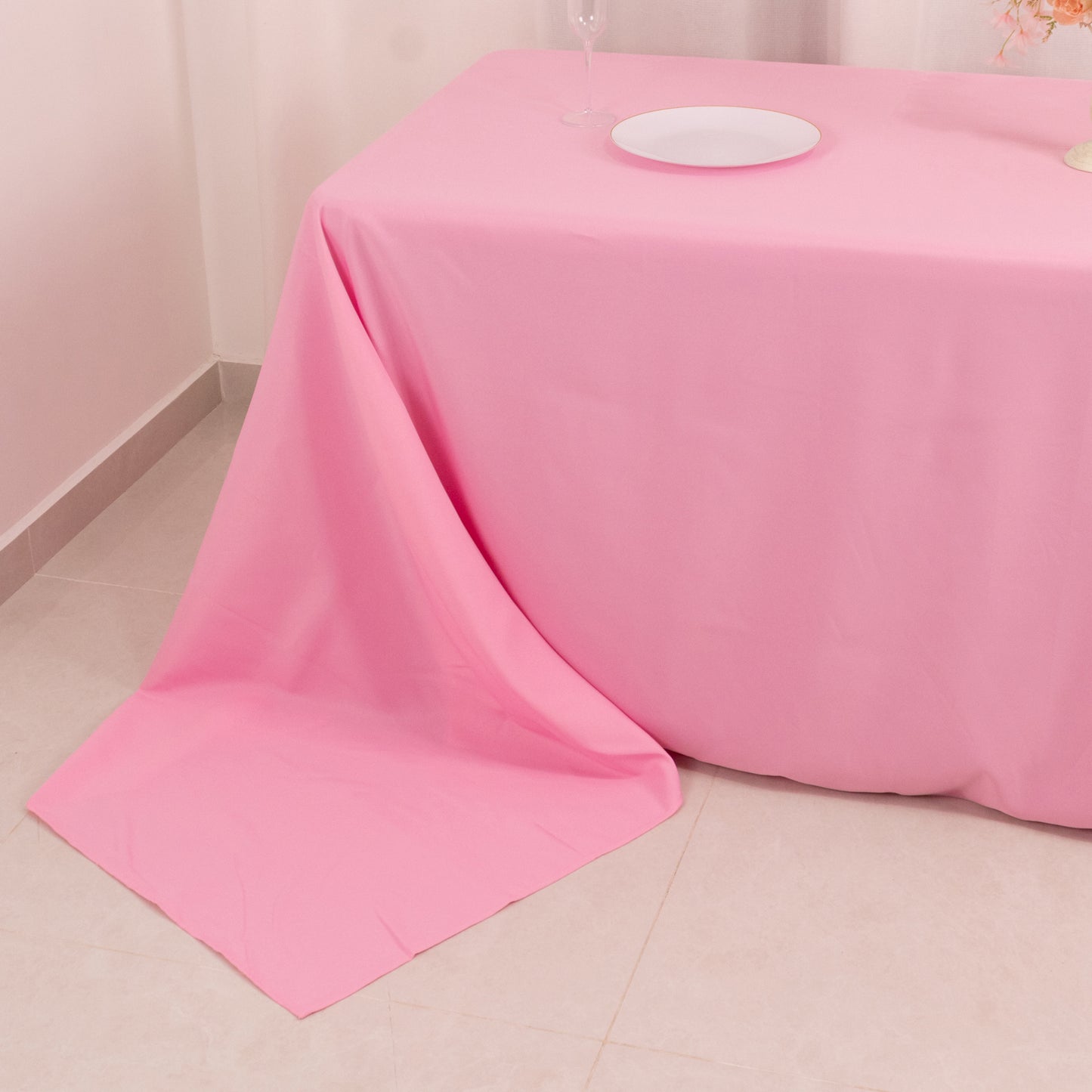 90"x156" Pink Seamless Premium Polyester Rectangular Tablecloth - 220GSM for 8 Foot Table With Floor-Length Drop