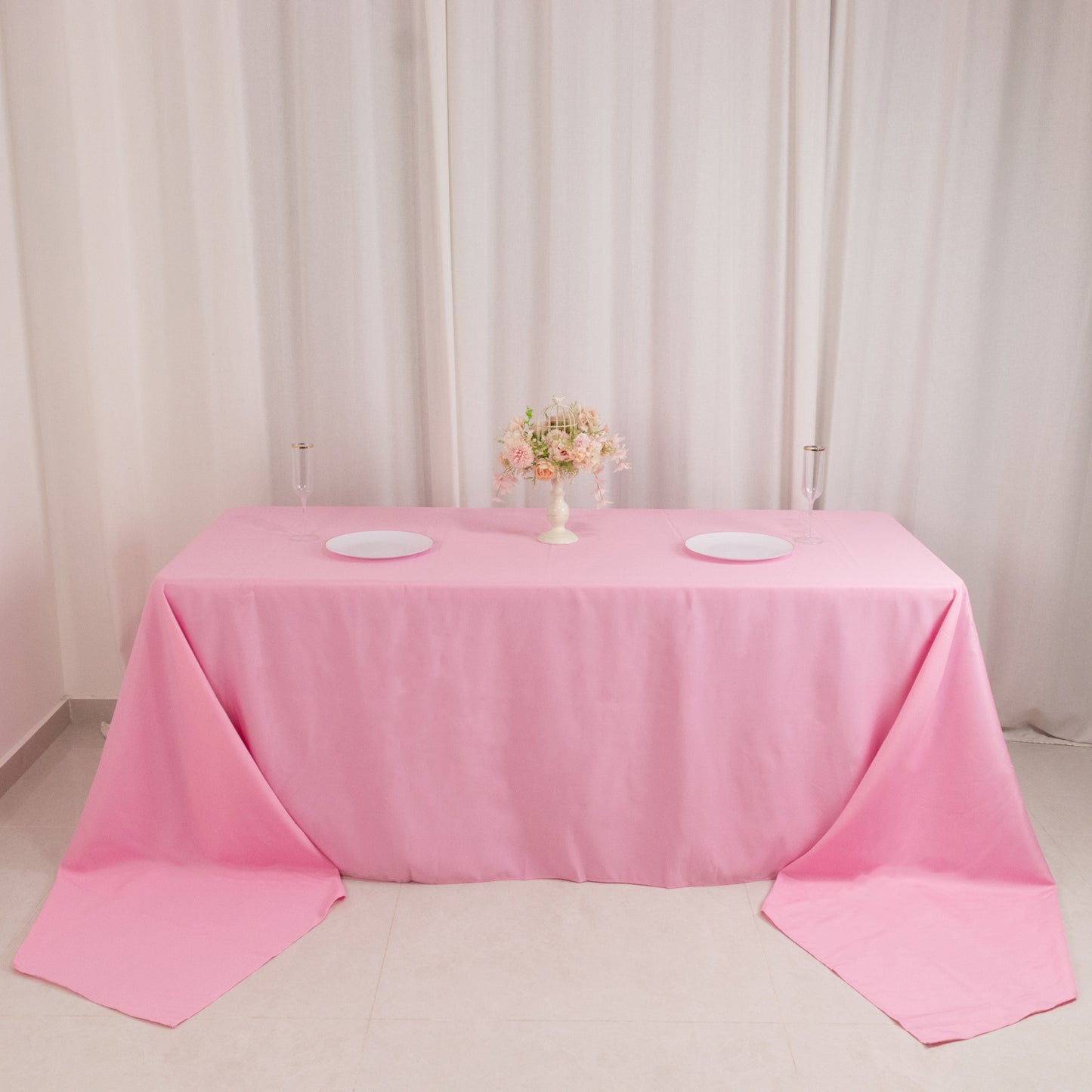 90"x156" Pink Seamless Premium Polyester Rectangular Tablecloth - 220GSM for 8 Foot Table With Floor-Length Drop
