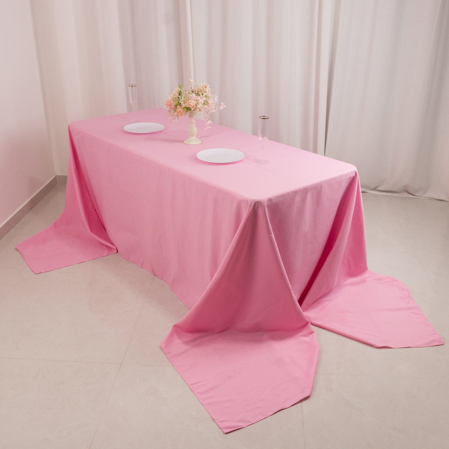 90"x156" Pink Seamless Premium Polyester Rectangular Tablecloth - 220GSM for 8 Foot Table With Floor-Length Drop