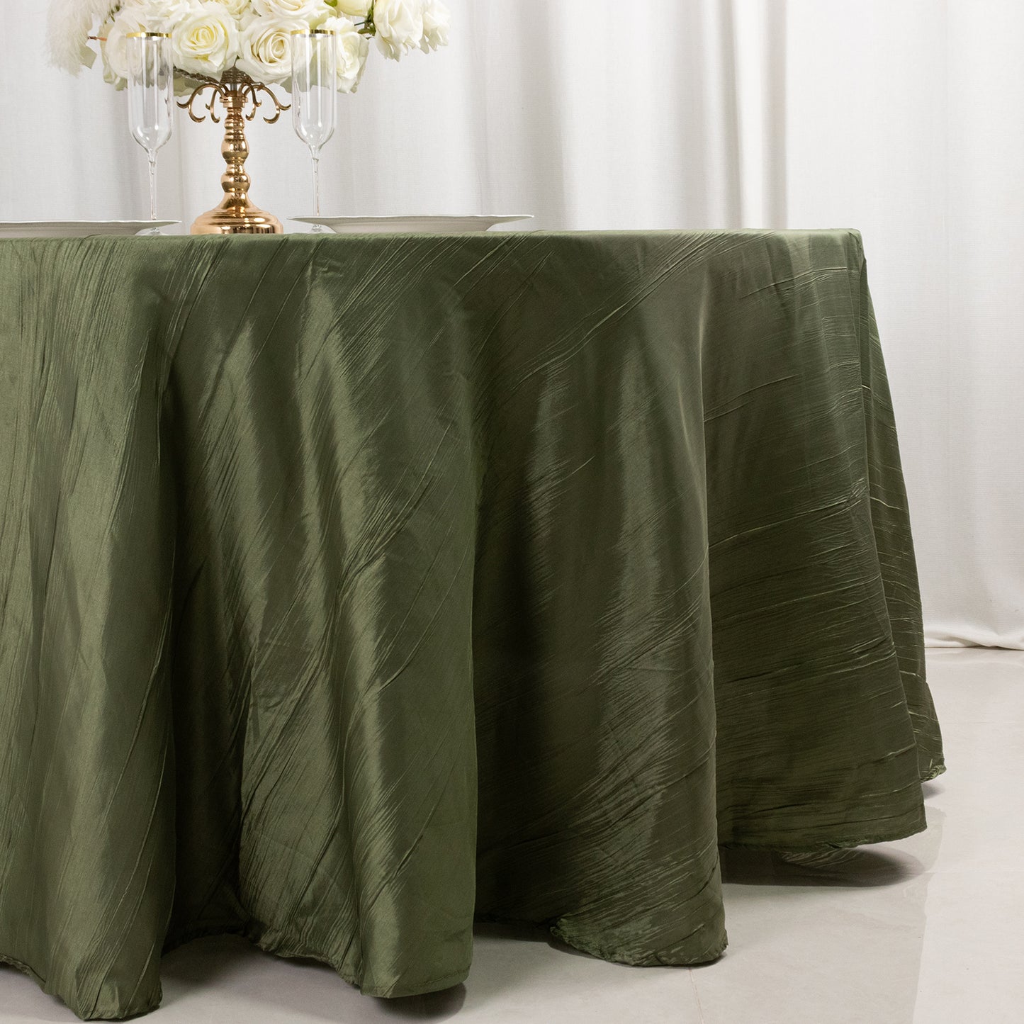 120" Dusty Sage Green Accordion Crinkle Taffeta Round Tablecloth Seamless for 5 Foot Table With Floor-Length Drop