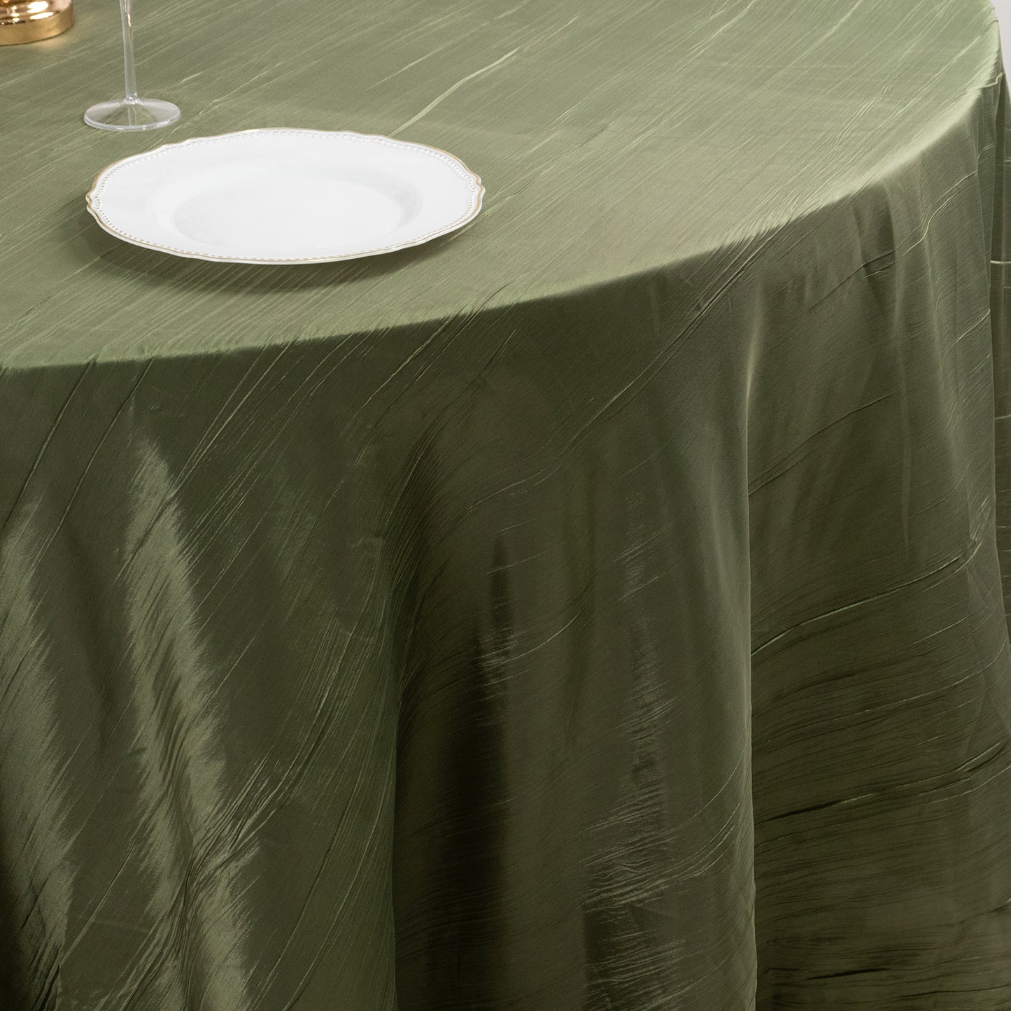 120" Dusty Sage Green Accordion Crinkle Taffeta Round Tablecloth Seamless for 5 Foot Table With Floor-Length Drop