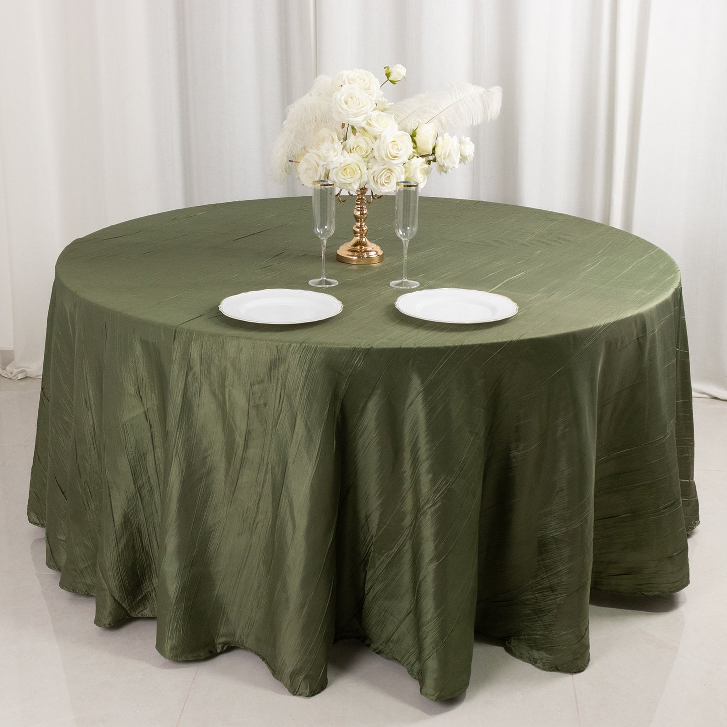 120" Dusty Sage Green Accordion Crinkle Taffeta Round Tablecloth Seamless for 5 Foot Table With Floor-Length Drop