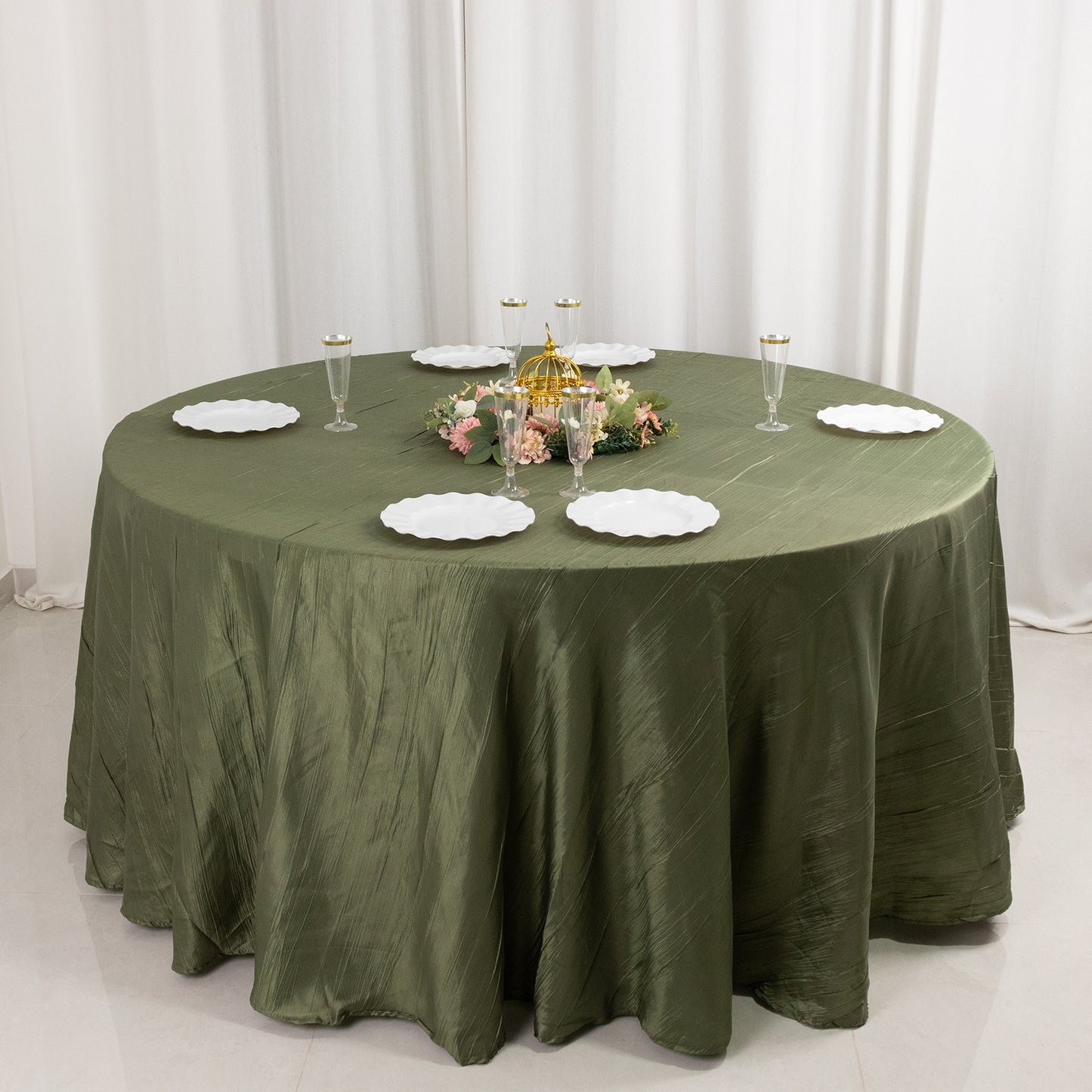 120" Dusty Sage Green Accordion Crinkle Taffeta Round Tablecloth Seamless for 5 Foot Table With Floor-Length Drop