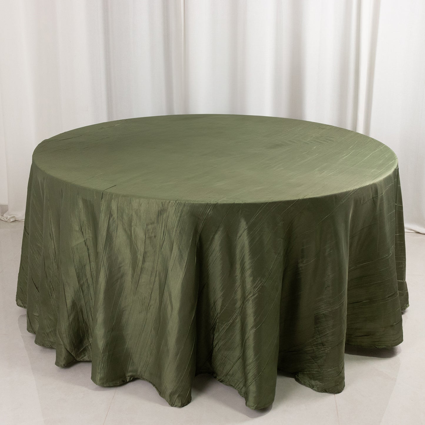 120" Dusty Sage Green Accordion Crinkle Taffeta Round Tablecloth Seamless for 5 Foot Table With Floor-Length Drop