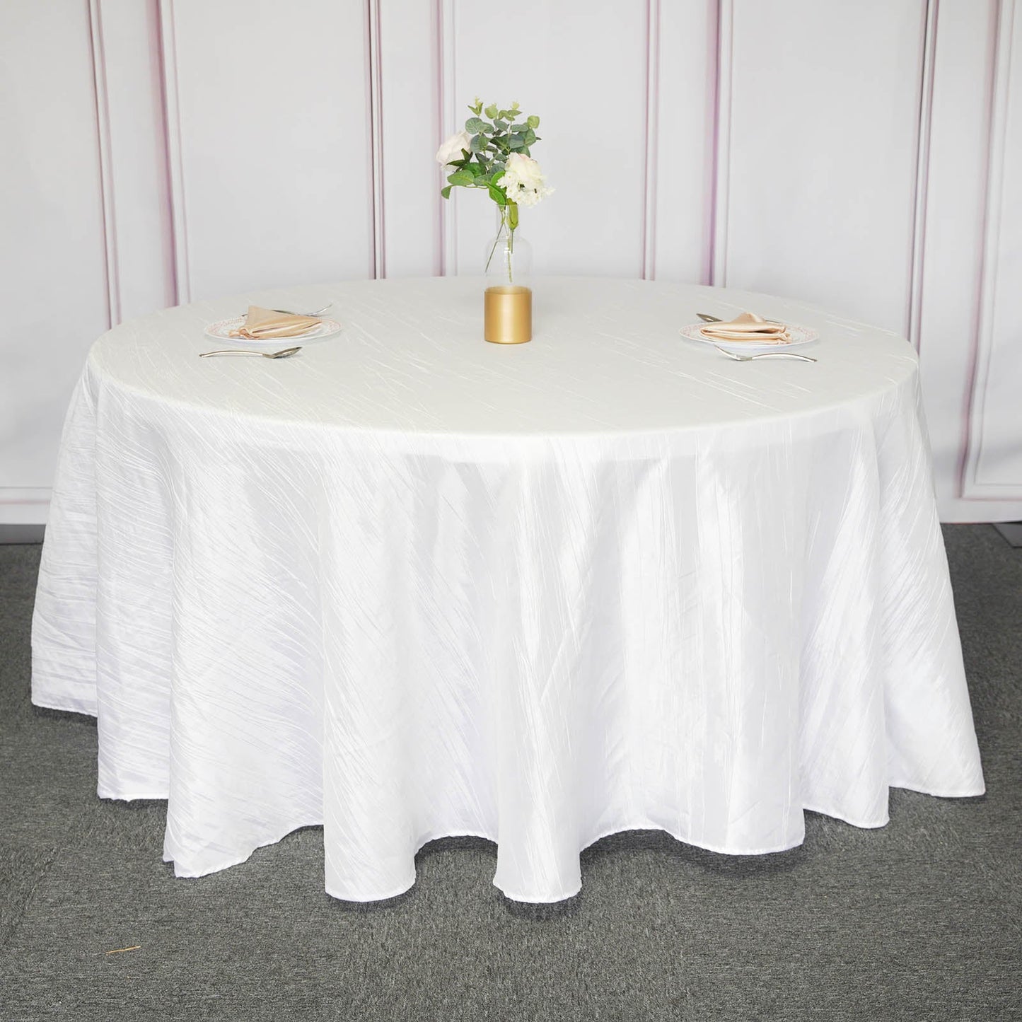 120" White Seamless Accordion Crinkle Taffeta Round Tablecloth