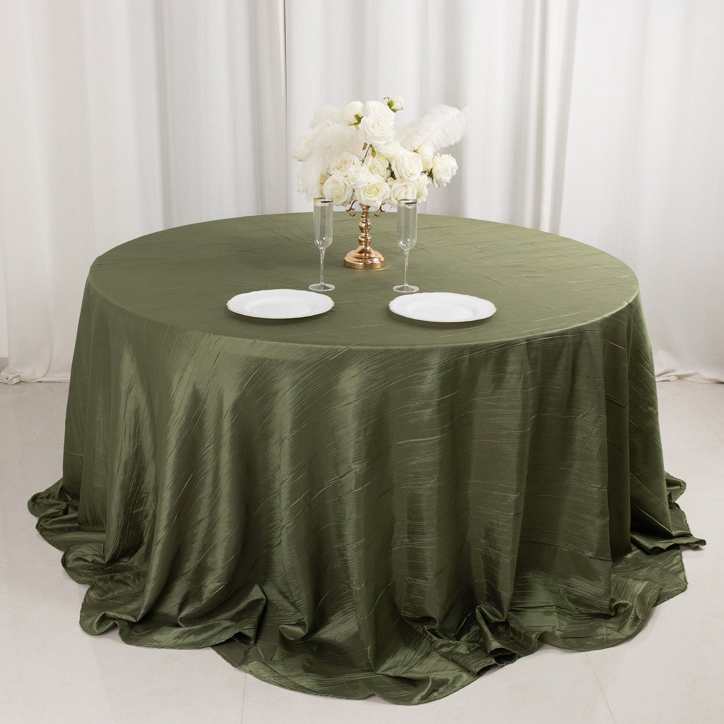 Dusty Sage Green Accordion Crinkle Taffeta Round Tablecloth 132" Seamless for 6 Foot Table With Floor-Length Drop