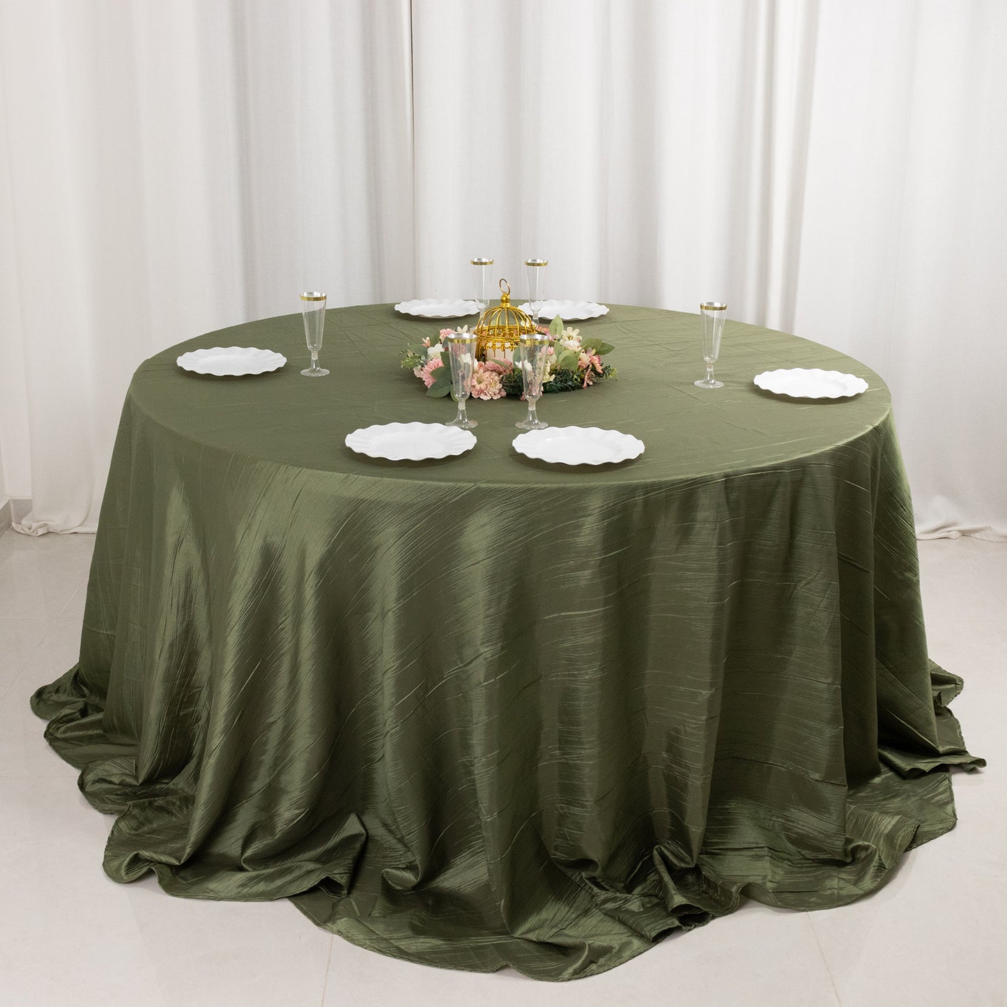 Dusty Sage Green Accordion Crinkle Taffeta Round Tablecloth 132" Seamless for 6 Foot Table With Floor-Length Drop