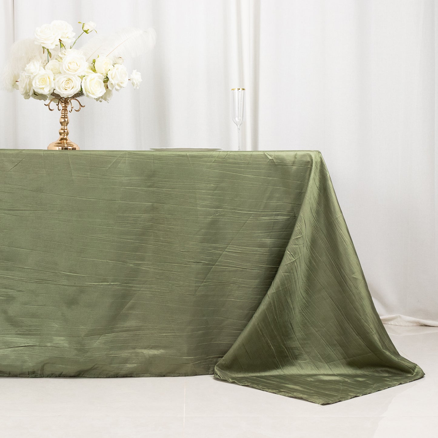 Dusty Sage Green Accordion Crinkle Taffeta Rectangular Tablecloth 90"x132" Seamless for 6 Foot Table With Floor-Length Drop