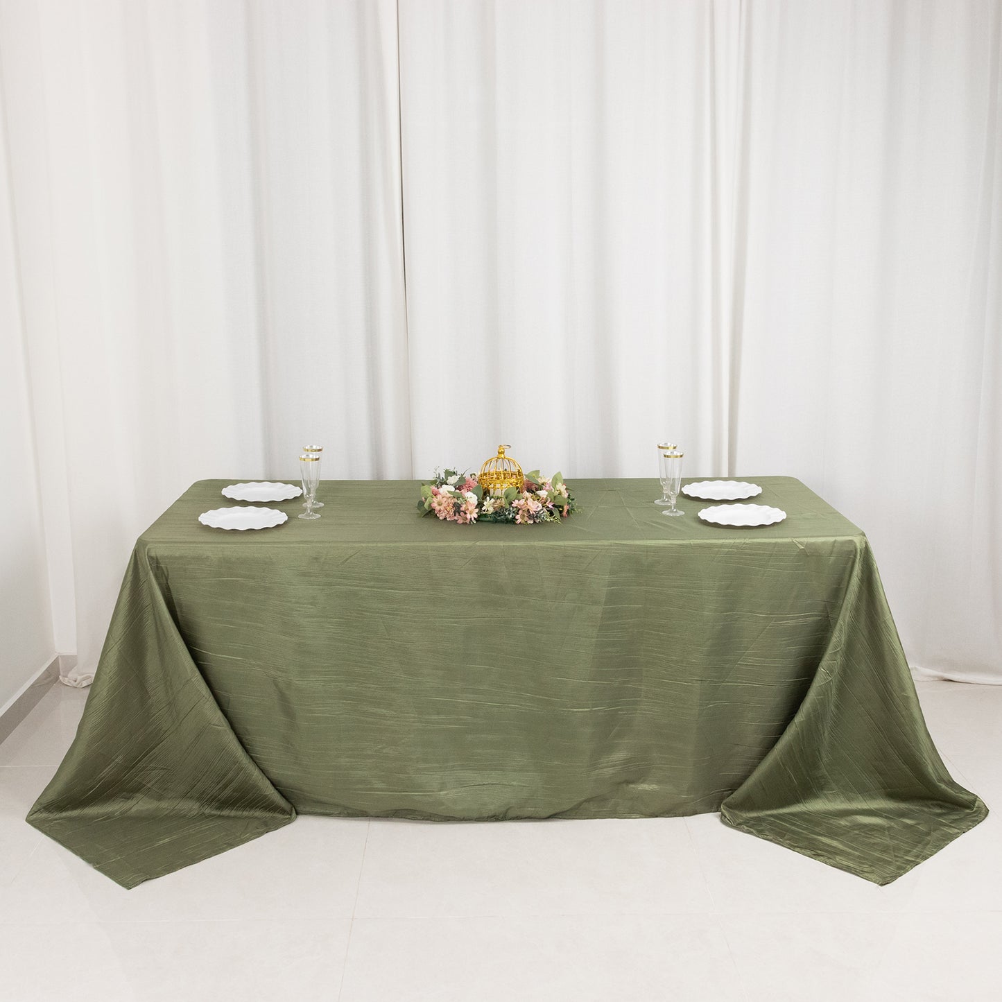 Dusty Sage Green Accordion Crinkle Taffeta Rectangular Tablecloth 90"x132" Seamless for 6 Foot Table With Floor-Length Drop