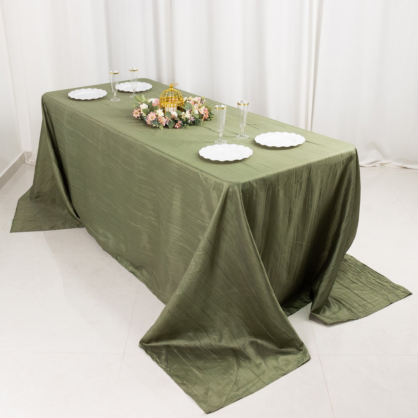 Dusty Sage Green Accordion Crinkle Taffeta Rectangular Tablecloth 90"x132" Seamless for 6 Foot Table With Floor-Length Drop