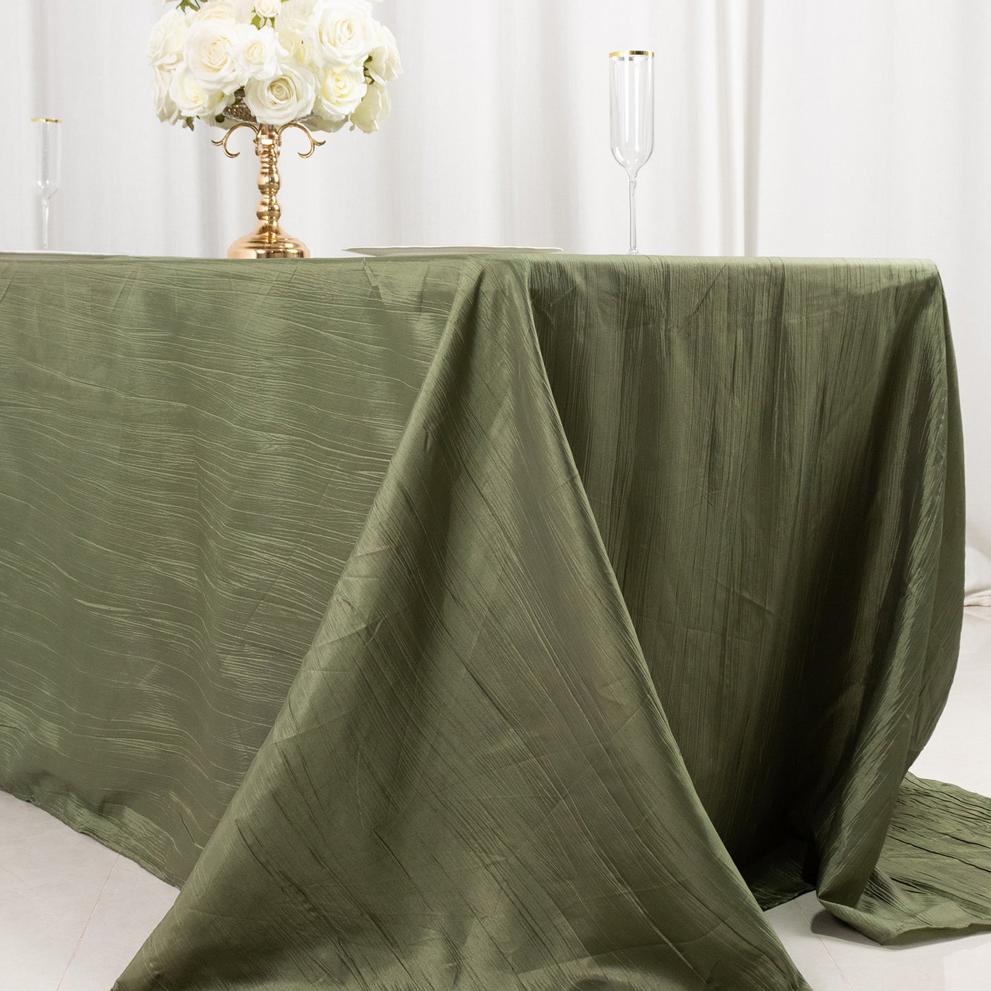 Dusty Sage Green Accordion Crinkle Taffeta Rectangular Tablecloth 90"x132" Seamless for 6 Foot Table With Floor-Length Drop