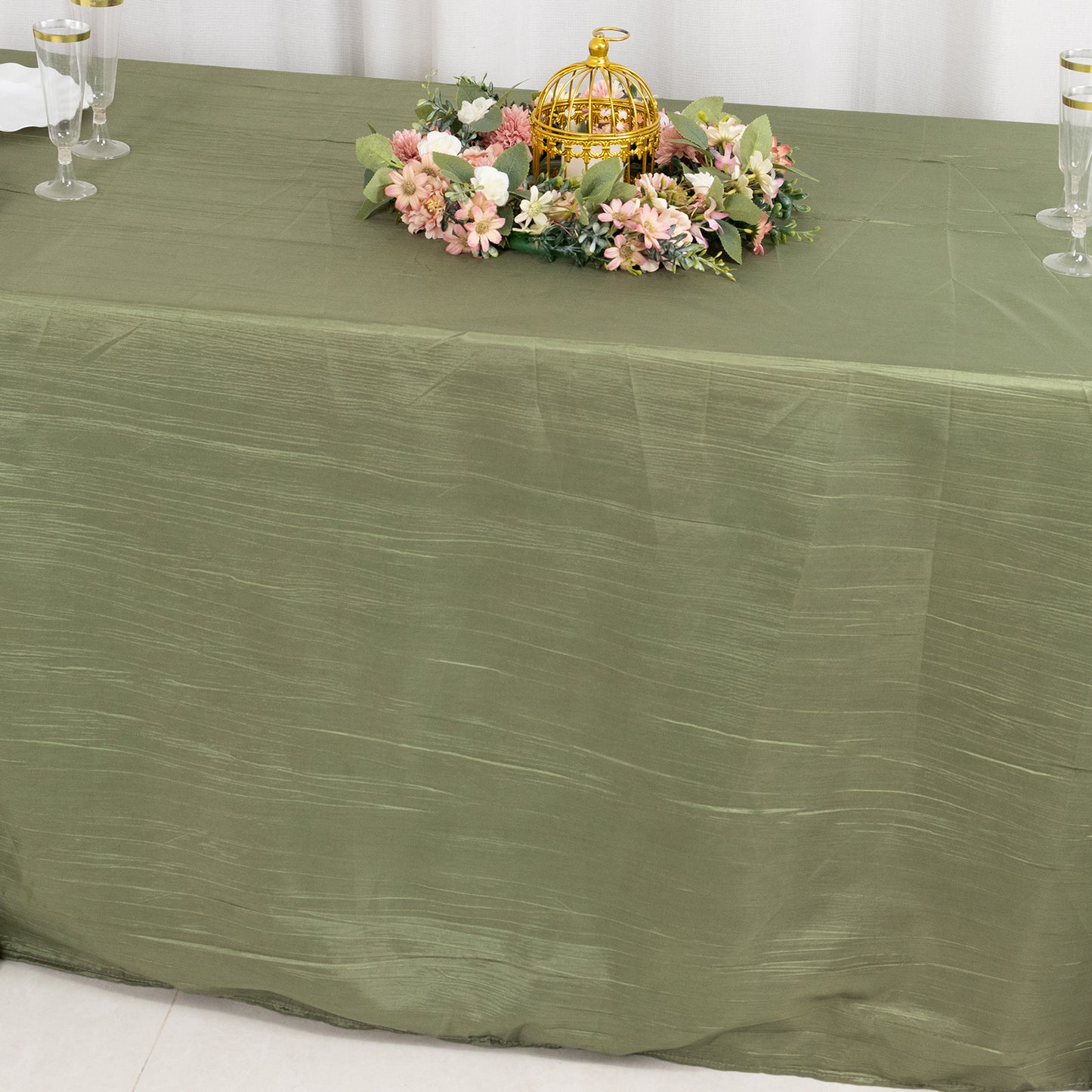 Dusty Sage Green Accordion Crinkle Taffeta Rectangular Tablecloth 90"x132" Seamless for 6 Foot Table With Floor-Length Drop