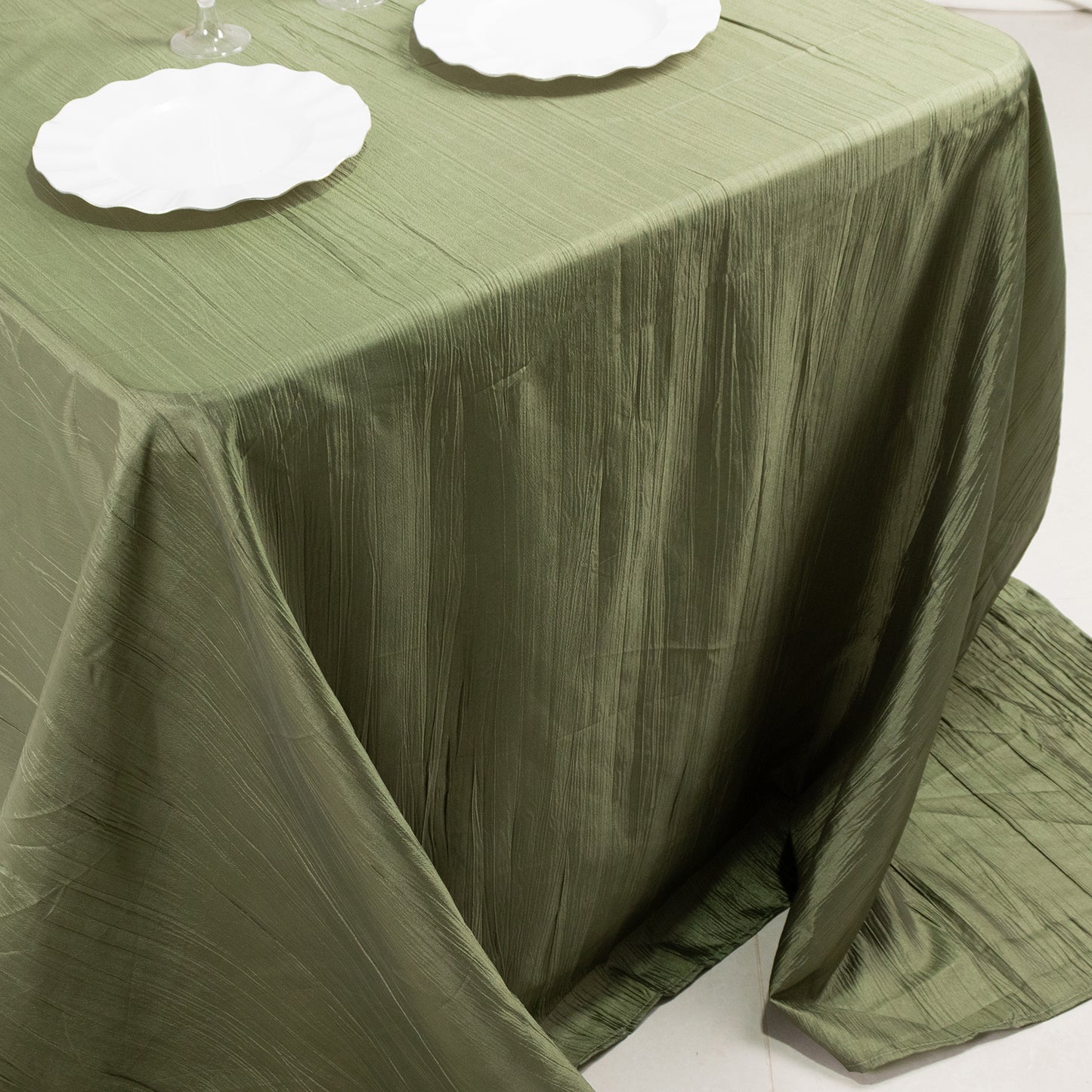 Dusty Sage Green Accordion Crinkle Taffeta Rectangular Tablecloth 90"x132" Seamless for 6 Foot Table With Floor-Length Drop