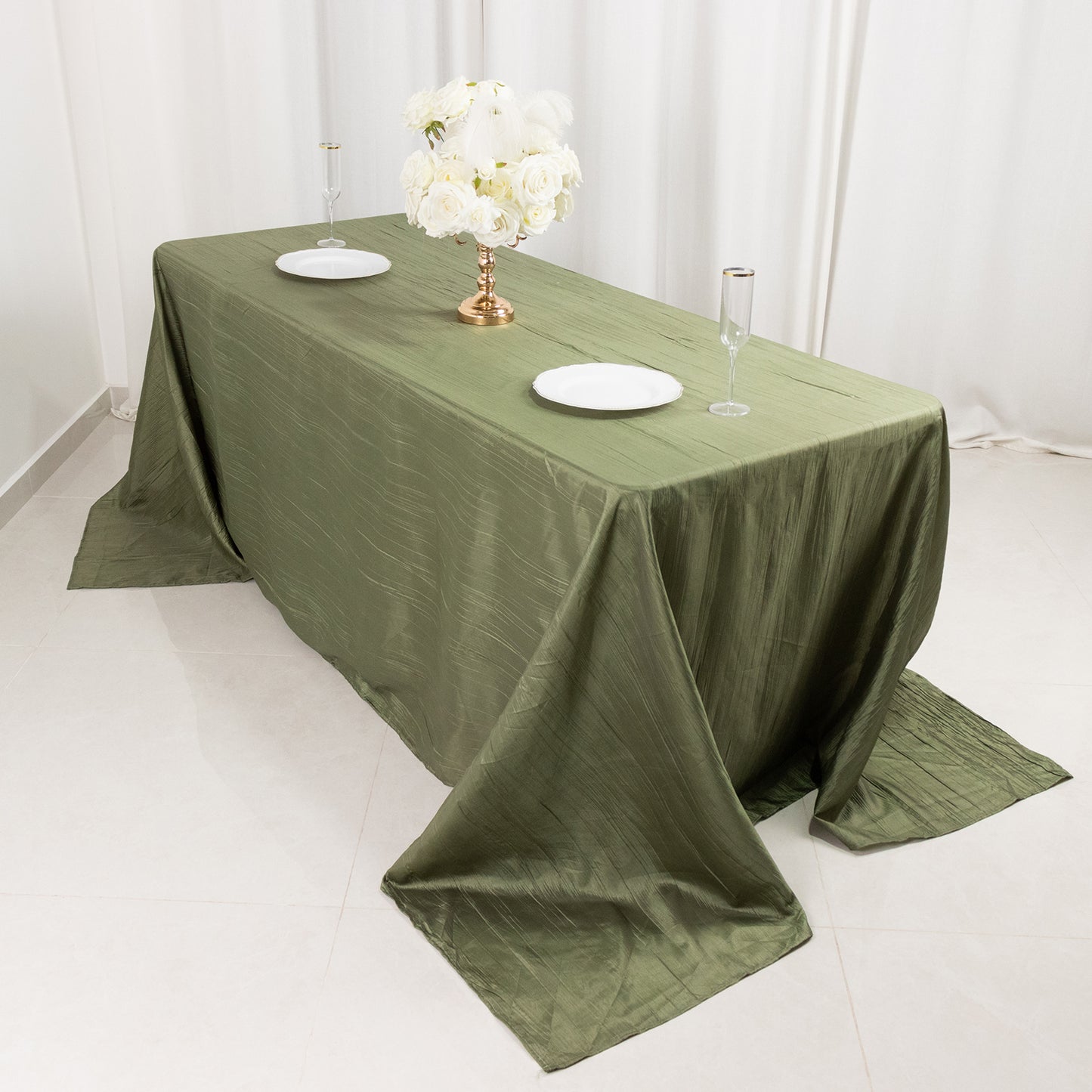 Dusty Sage Green Accordion Crinkle Taffeta Rectangular Tablecloth 90"x132" Seamless for 6 Foot Table With Floor-Length Drop