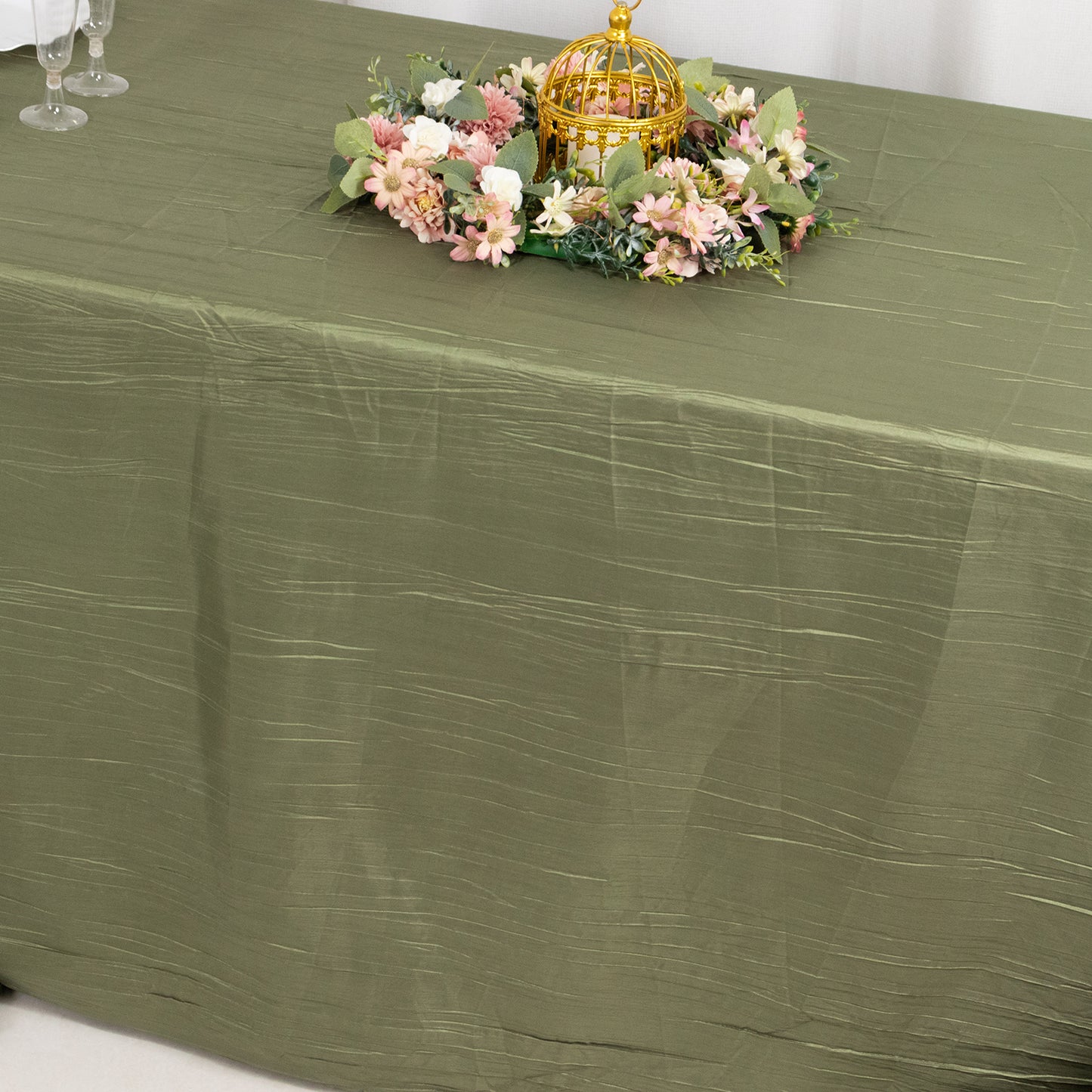 Dusty Sage Green Accordion Crinkle Taffeta Rectangle Tablecloth 90"x156" Seamless for 8 Foot Table With Floor-Length Drop