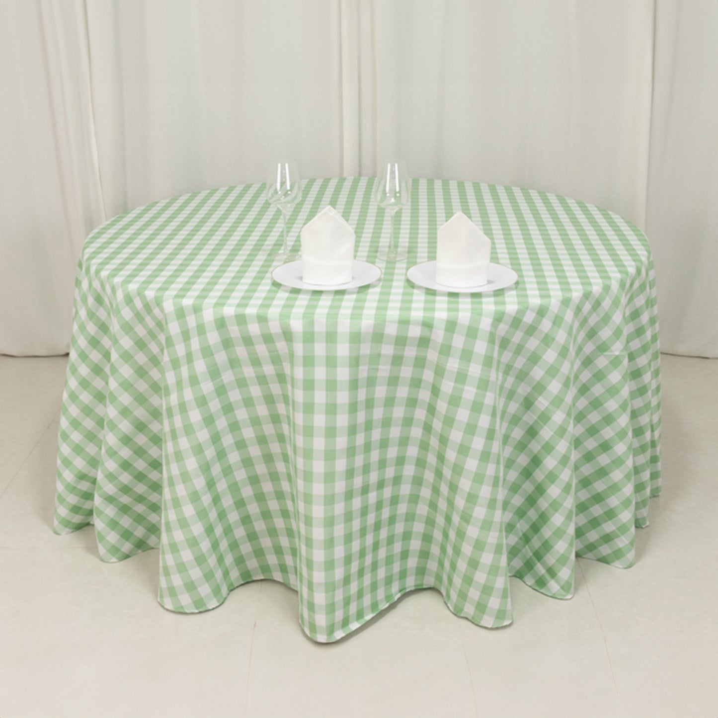 120" White Sage Green Seamless Buffalo Plaid Round Tablecloth, Checkered Gingham Polyester Tablecloth for 5 Foot Table With Floor-Length Drop