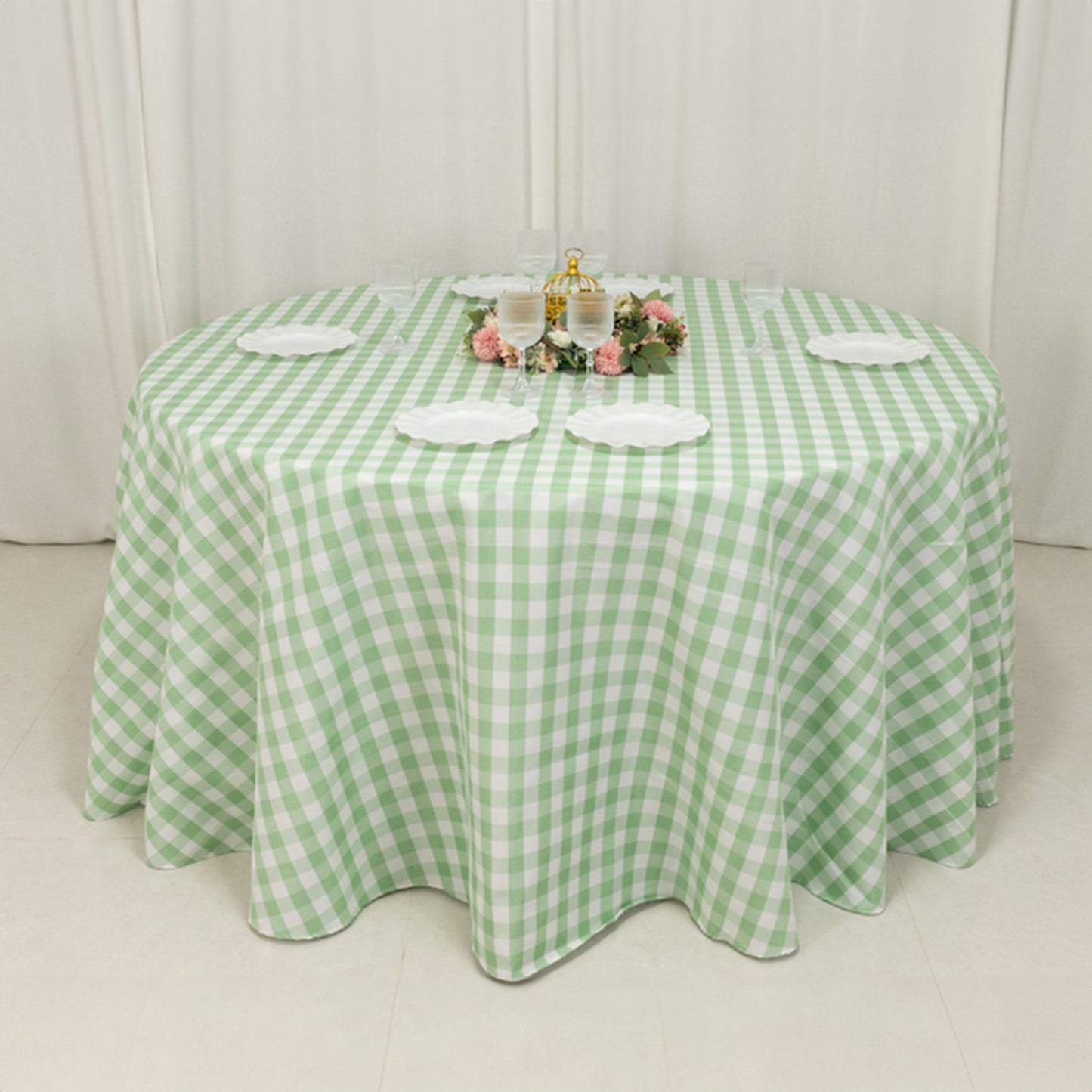 120" White Sage Green Seamless Buffalo Plaid Round Tablecloth, Checkered Gingham Polyester Tablecloth for 5 Foot Table With Floor-Length Drop