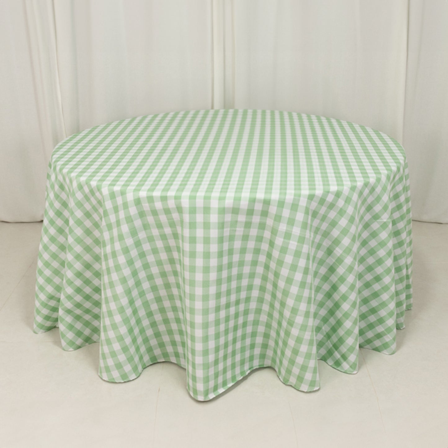 120" White Sage Green Seamless Buffalo Plaid Round Tablecloth, Checkered Gingham Polyester Tablecloth for 5 Foot Table With Floor-Length Drop