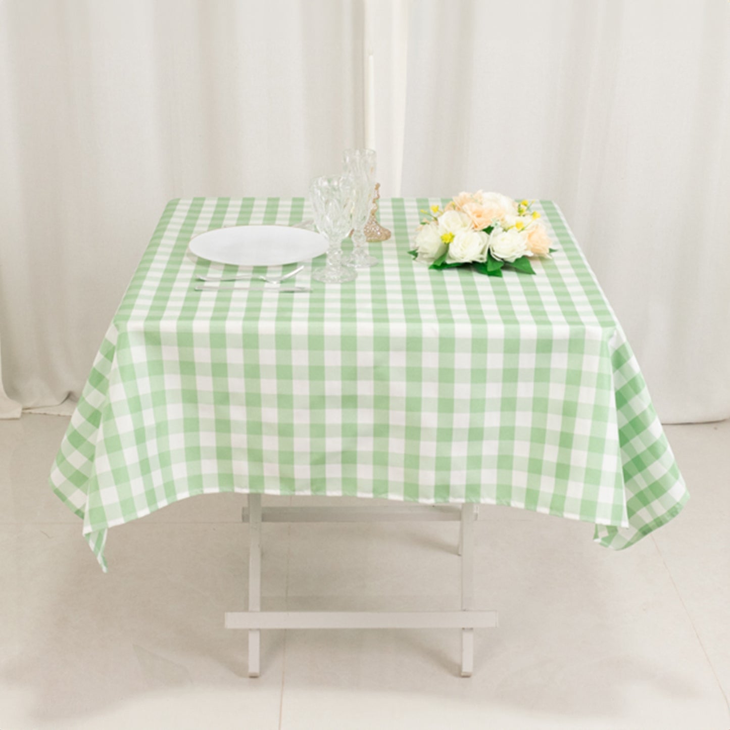 54"x54" White Sage Green Buffalo Plaid Square Tablecloth, Checkered Gingham Polyester Tablecloth