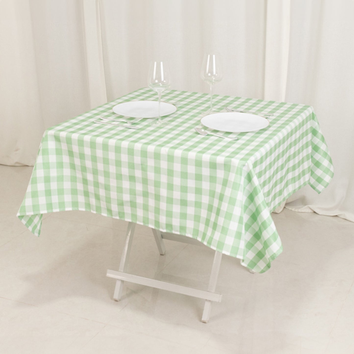 54"x54" White Sage Green Buffalo Plaid Square Table Overlay, Checkered Gingham Polyester Table Overlay