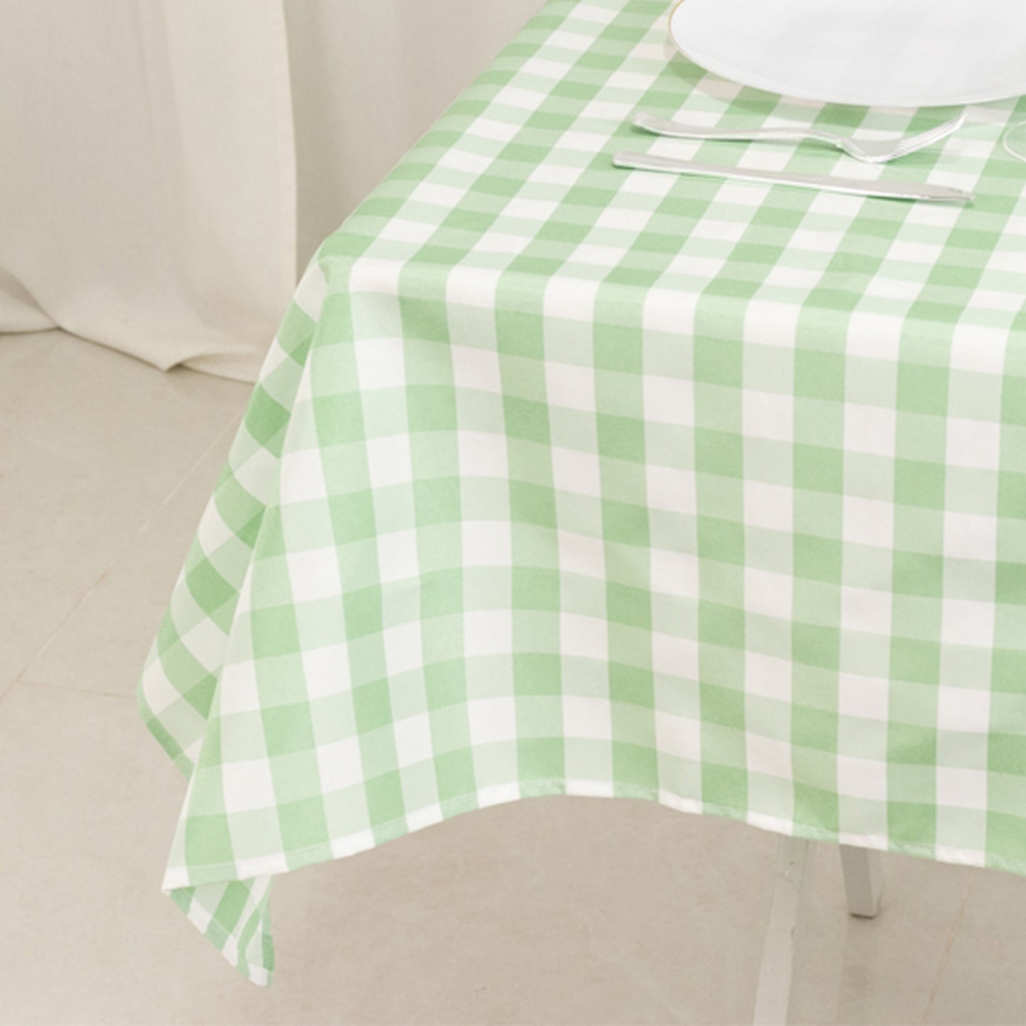 54"x54" White Sage Green Buffalo Plaid Square Table Overlay, Checkered Gingham Polyester Table Overlay