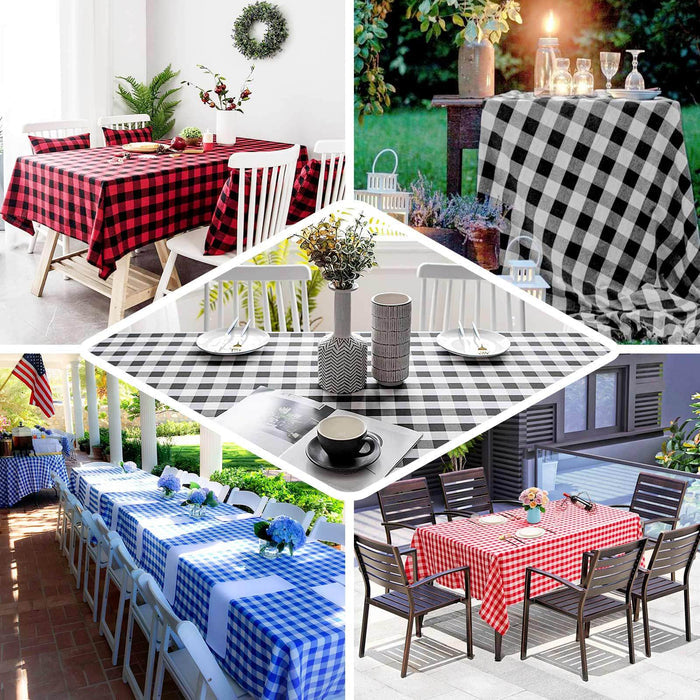 Black and red buffalo plaid tablecloth on various table settings.