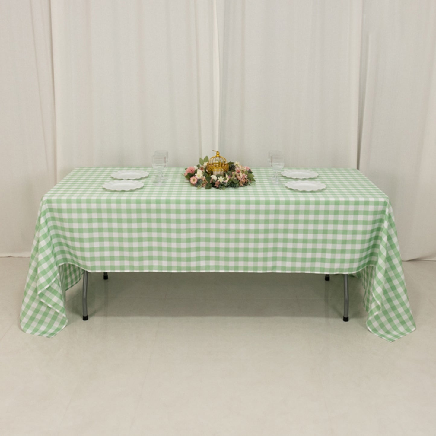 60"x126" White Sage Green Buffalo Plaid Rectangle Tablecloth, Checkered Polyester Tablecloth