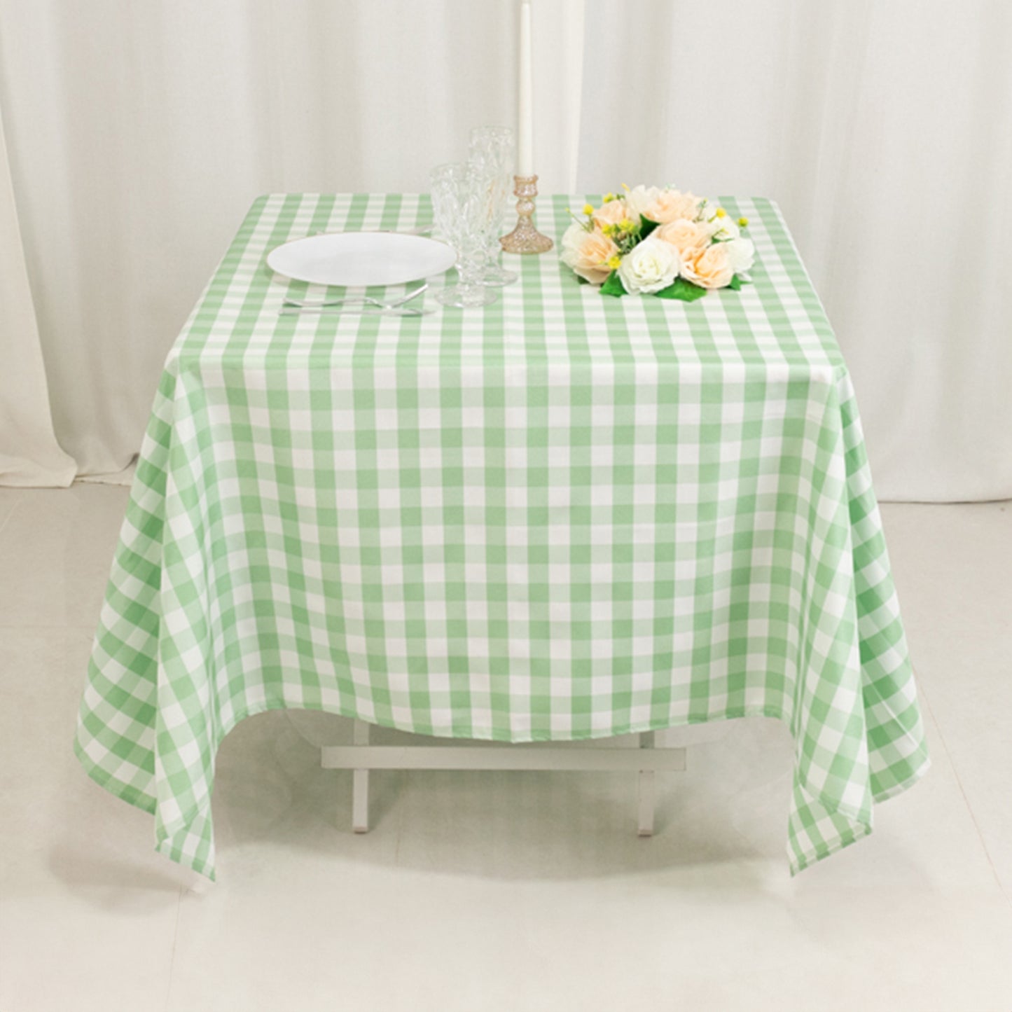 70"x70" White Sage Green Buffalo Plaid Square Tablecloth, Gingham Polyester Checkered Tablecloth