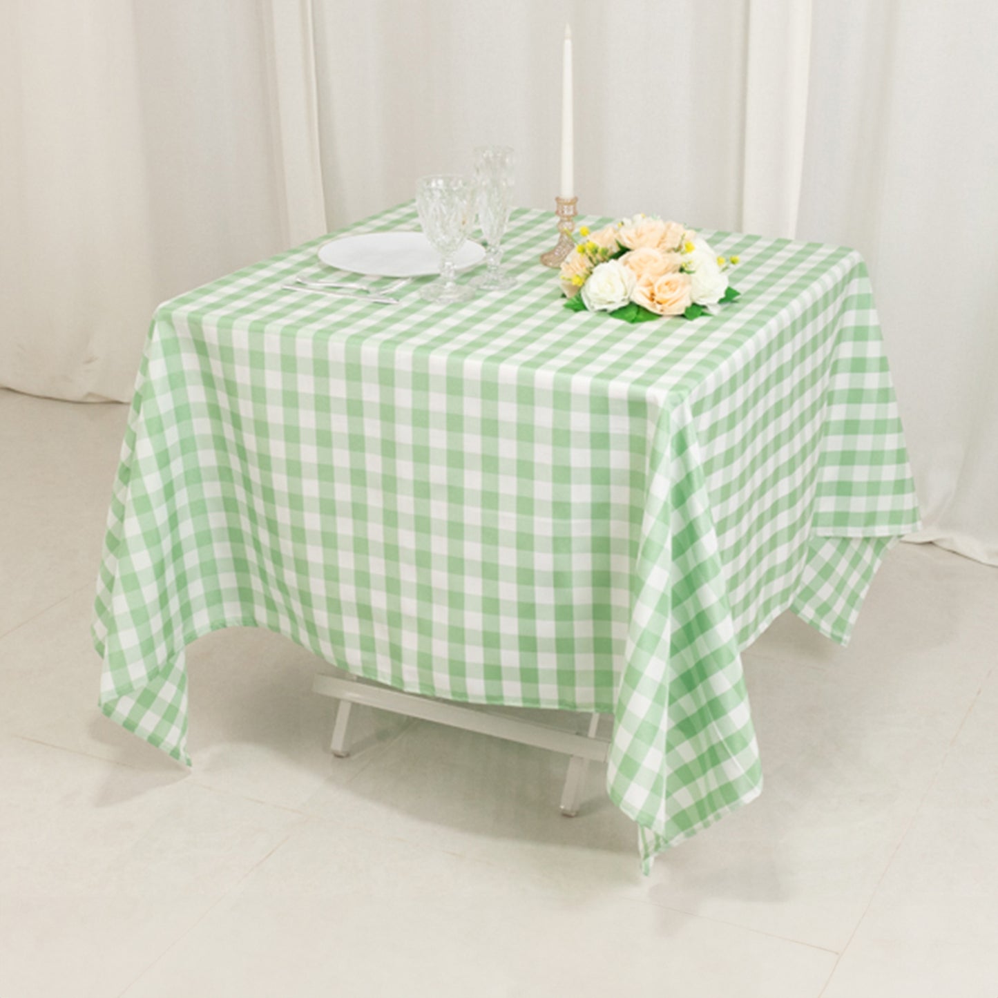 70"x70" White Sage Green Buffalo Plaid Square Tablecloth, Gingham Polyester Checkered Tablecloth