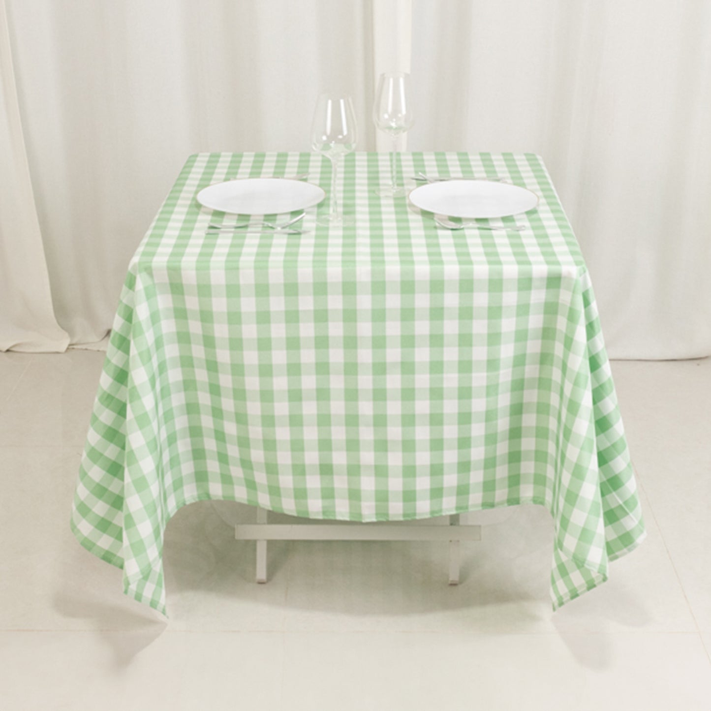 70"x70" White Sage Green Buffalo Plaid Square Table Overlay, Gingham Polyester Checkered Table Overlay